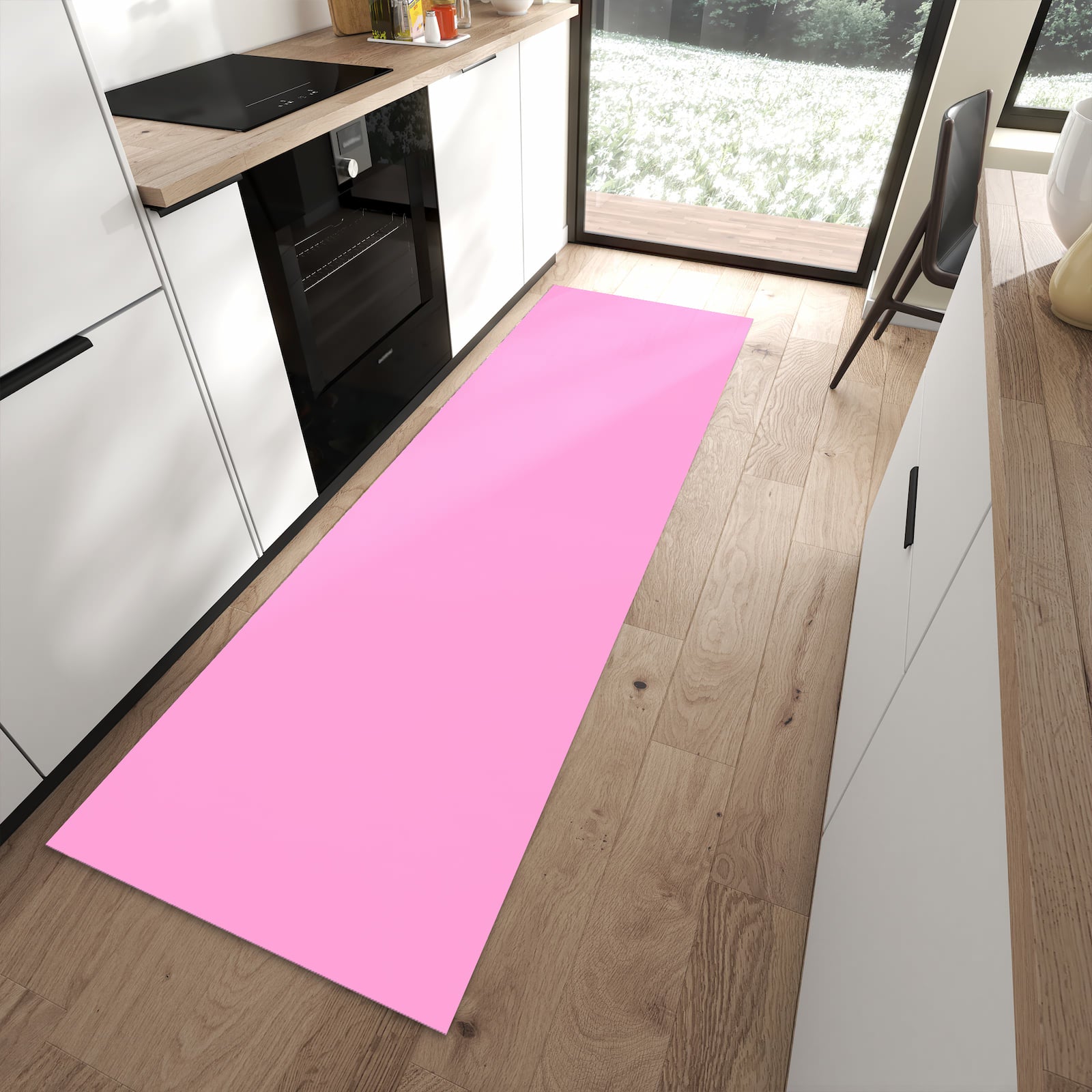 UV-beständiger Teppich für Küche mit Motiv Rosa Hintergrund in moderner Küche