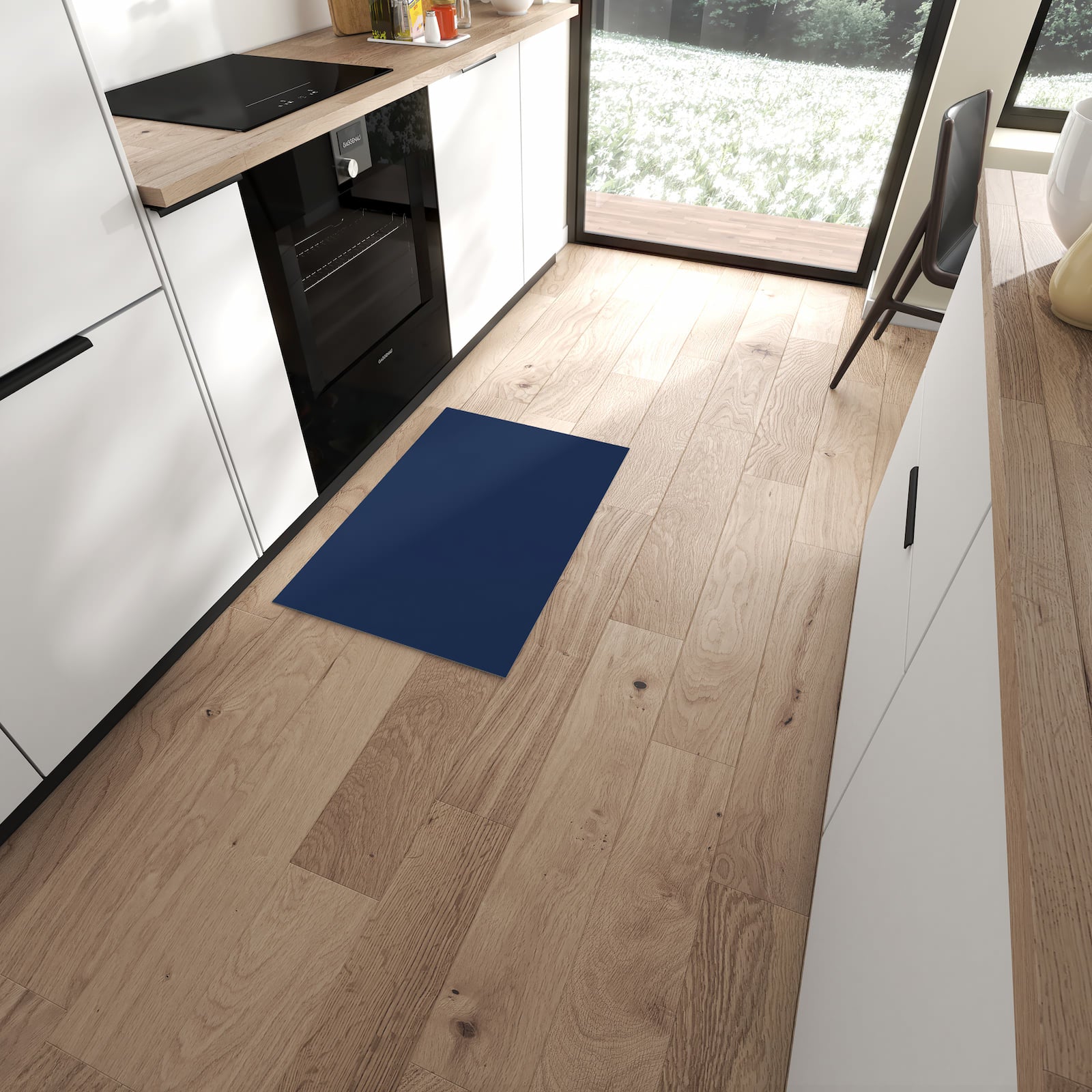 Hygienischer Küchenläufer mit Motiv Marineblauer Hintergrund I in moderner Küche