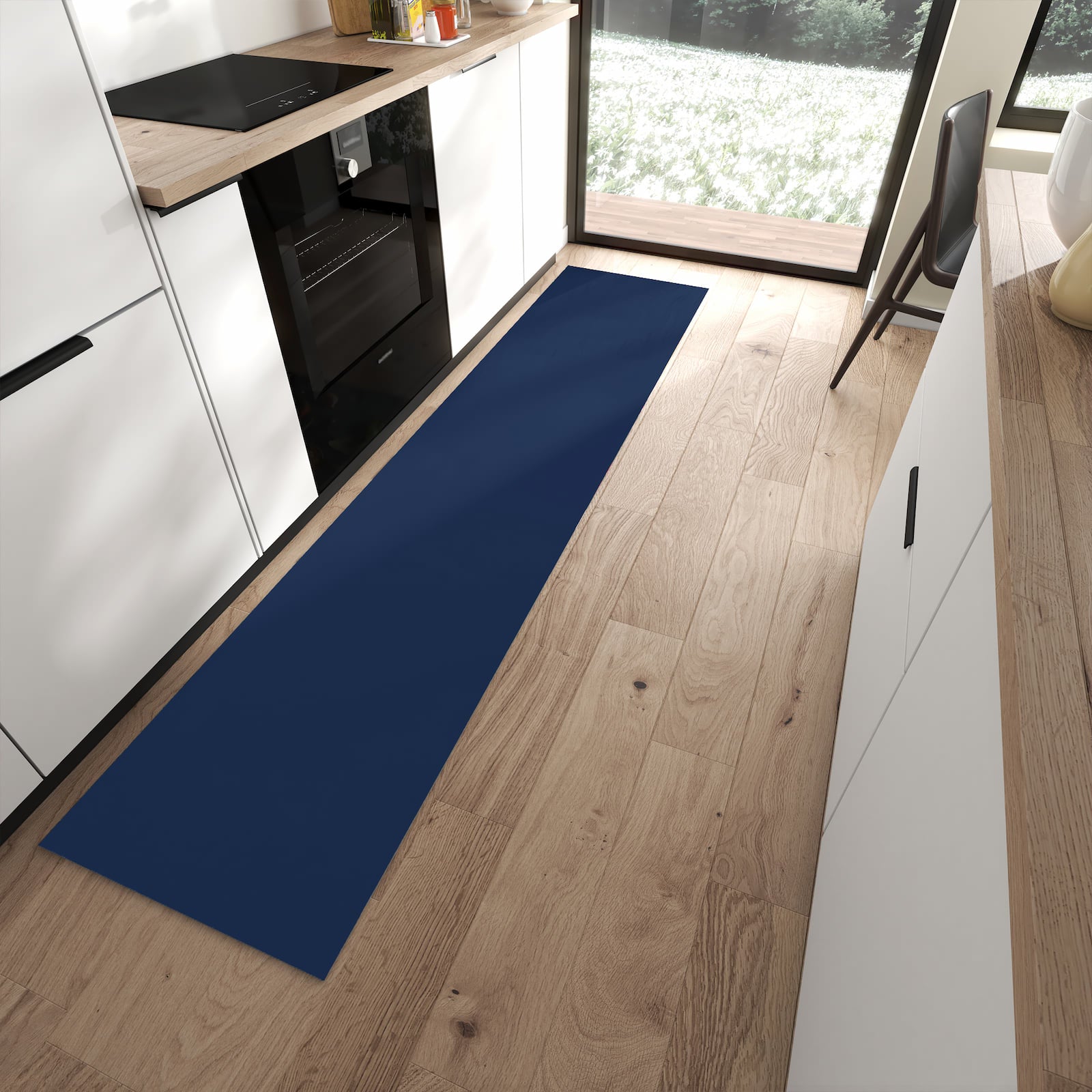 Waschbarer Küchenteppich mit Motiv Marineblauer Hintergrund I in moderner Küche