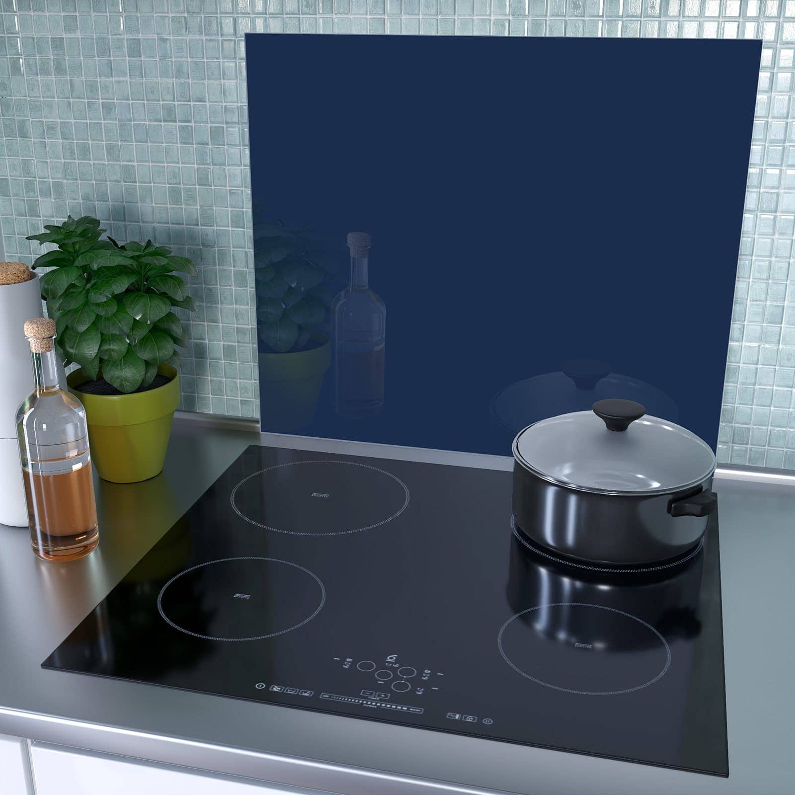 1-teilige Herdabdeckplatten aus Glas mit Marineblauer Hintergrund I-Motiv als Spritzschutz hinter dem Kochfeld