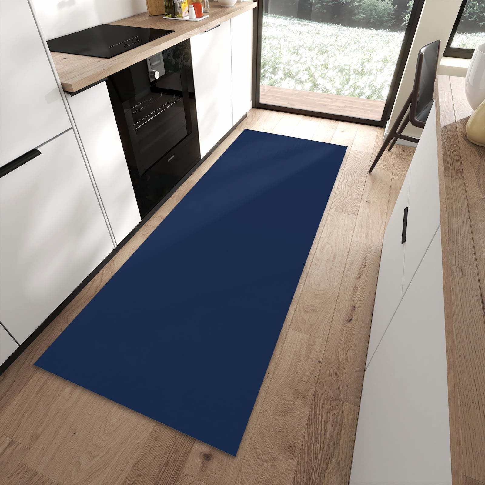 Bodenschonender rutschfester Küchenläufer mit Motiv Marineblauer Hintergrund I in moderner Küche