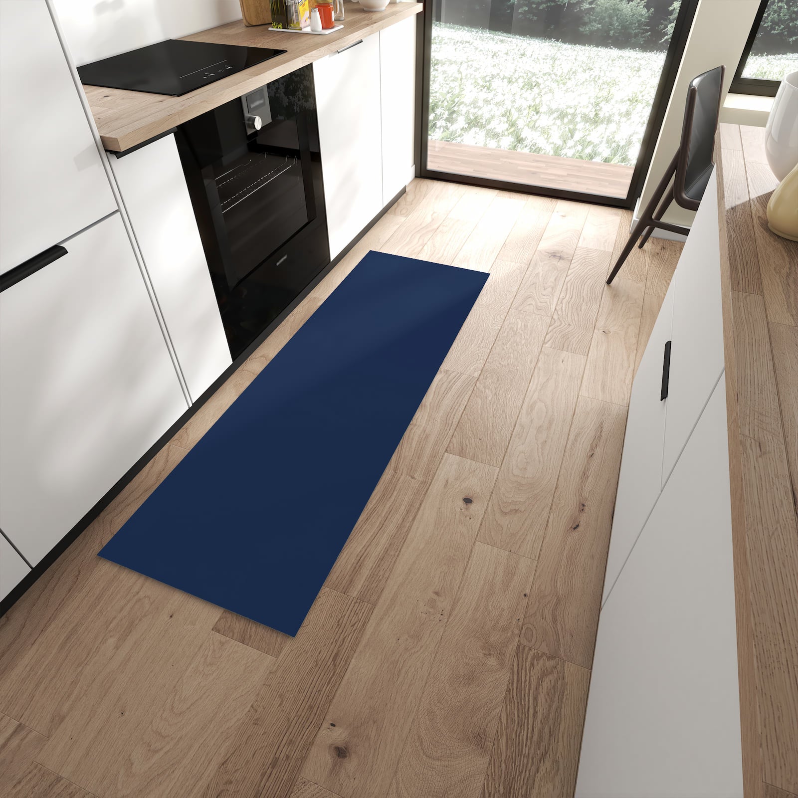 Komfortabler großer Küchenteppich mit Motiv Marineblauer Hintergrund I in moderner Küche