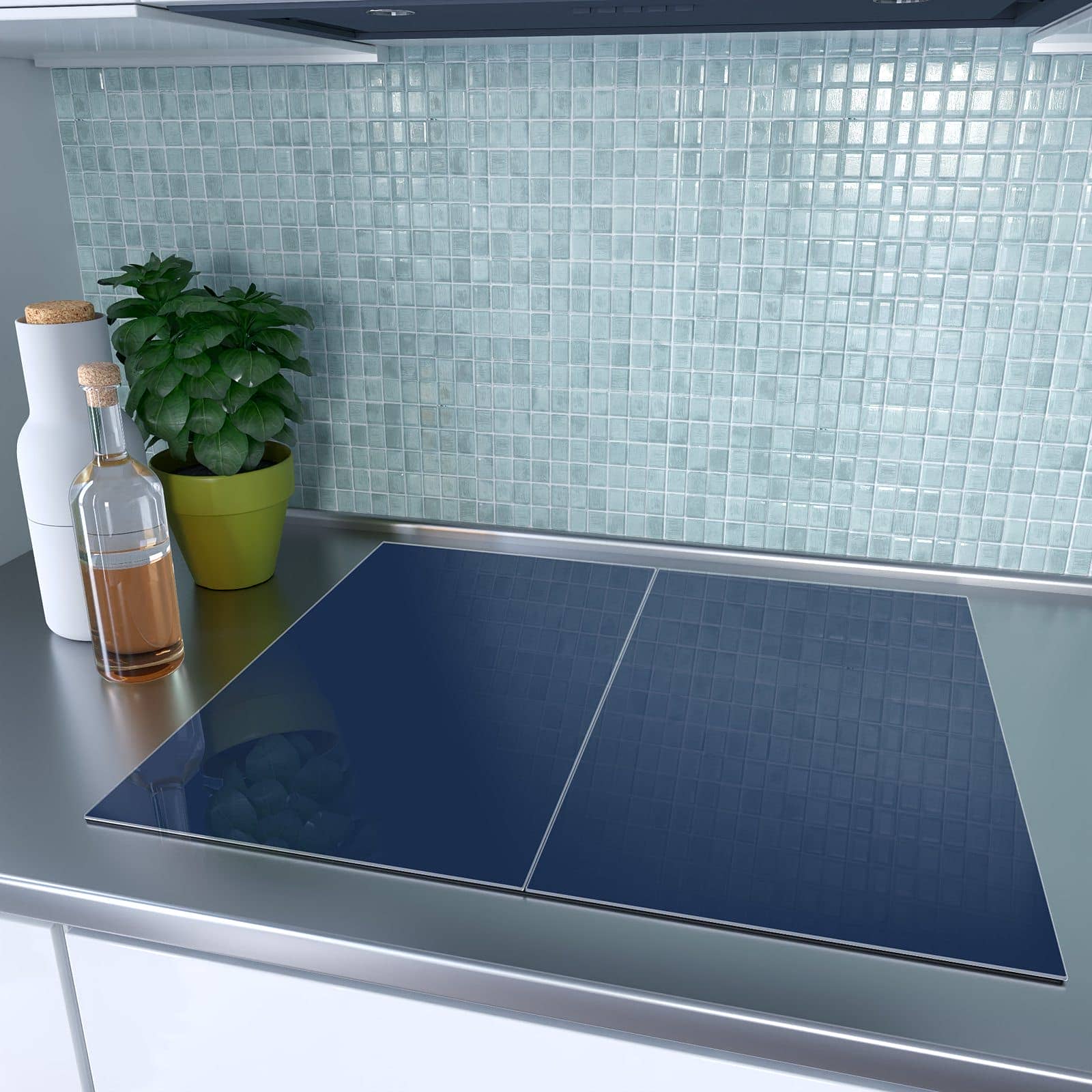 2-teilige Herdabdeckplatten für Ceranfeld mit Marineblauer Hintergrund I-Motiv in moderner Küche