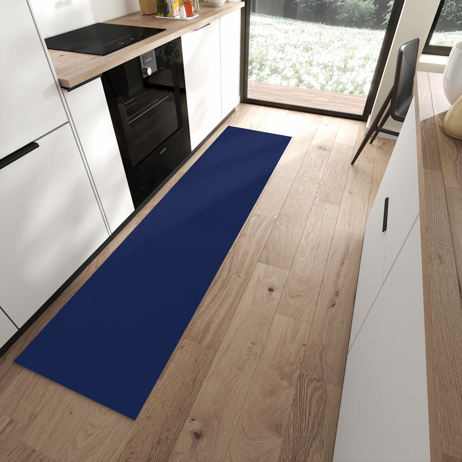 Waschbarer Teppich fürs Esszimmer mit Motiv Marineblauer Hintergrund II in moderner Küche