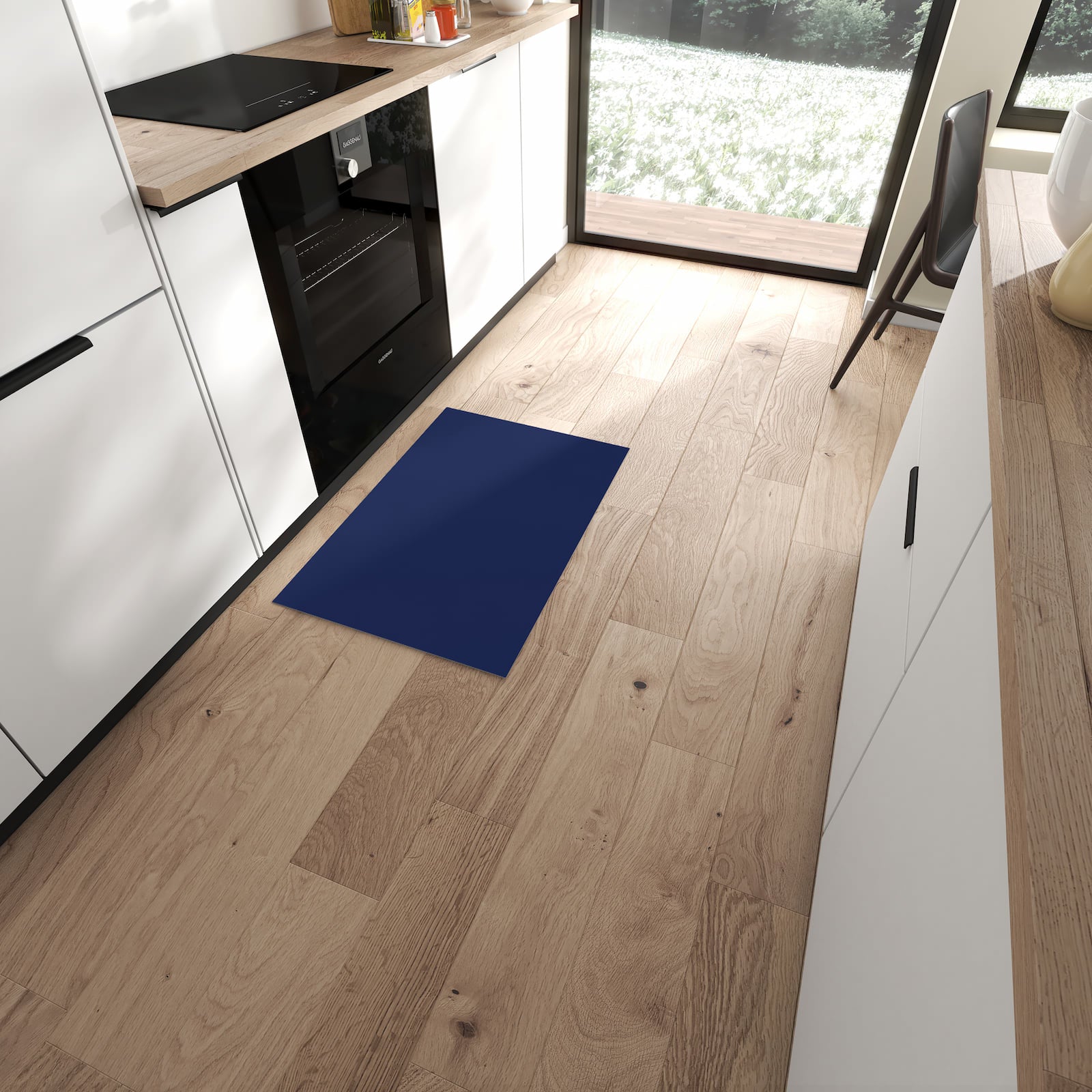 UV-beständiger Bodenläufer mit Motiv Marineblauer Hintergrund II in moderner Küche