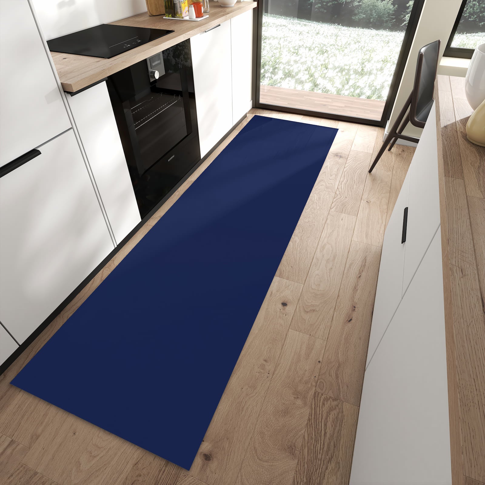 Fleckenresistenter waschbarer Küchenteppich mit Motiv Marineblauer Hintergrund II in moderner Küche