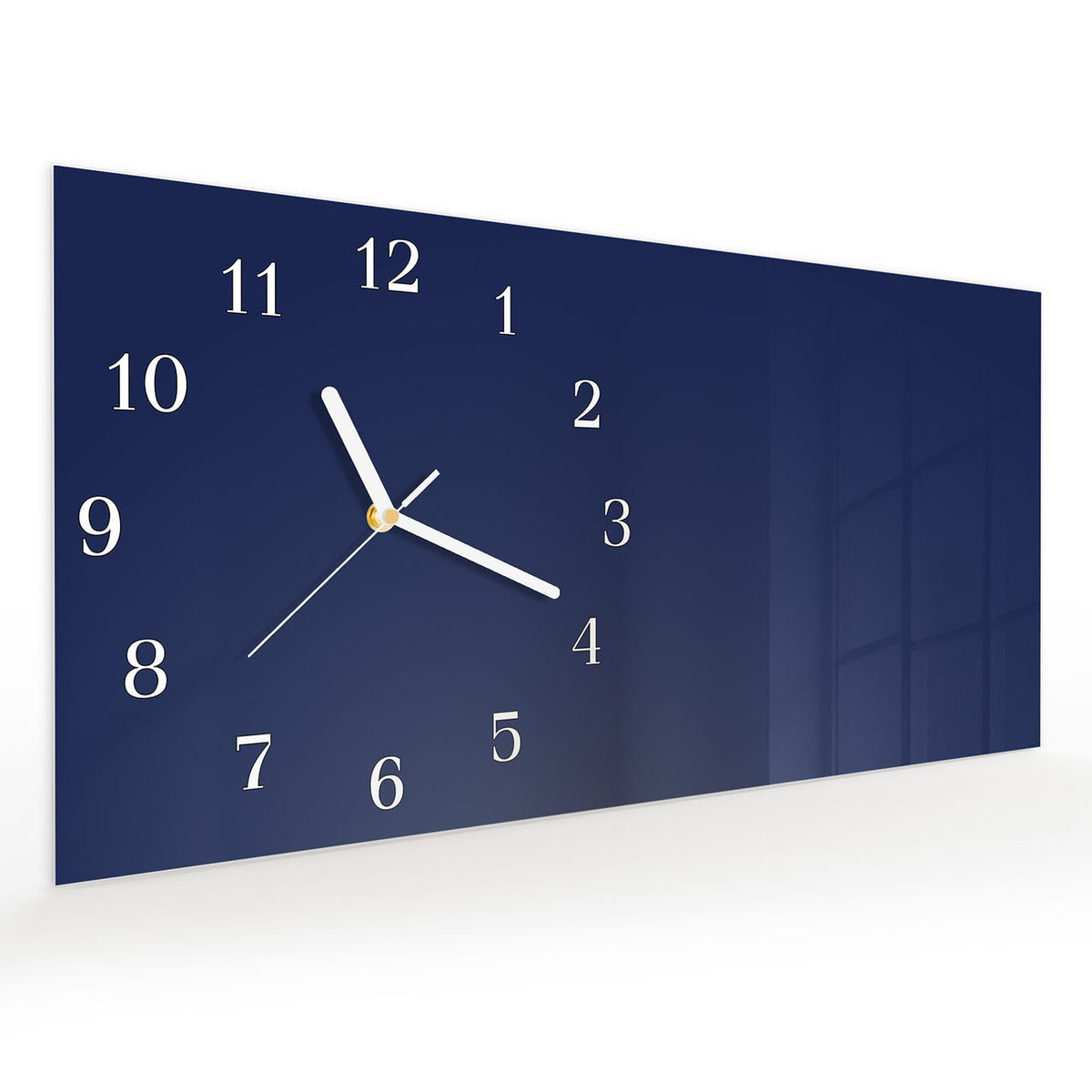 Vormontiert – mit Schwebeeffekt – Wanduhr Marineblauer Hintergrund II aus Glas – Querformat 60 × 30 cm