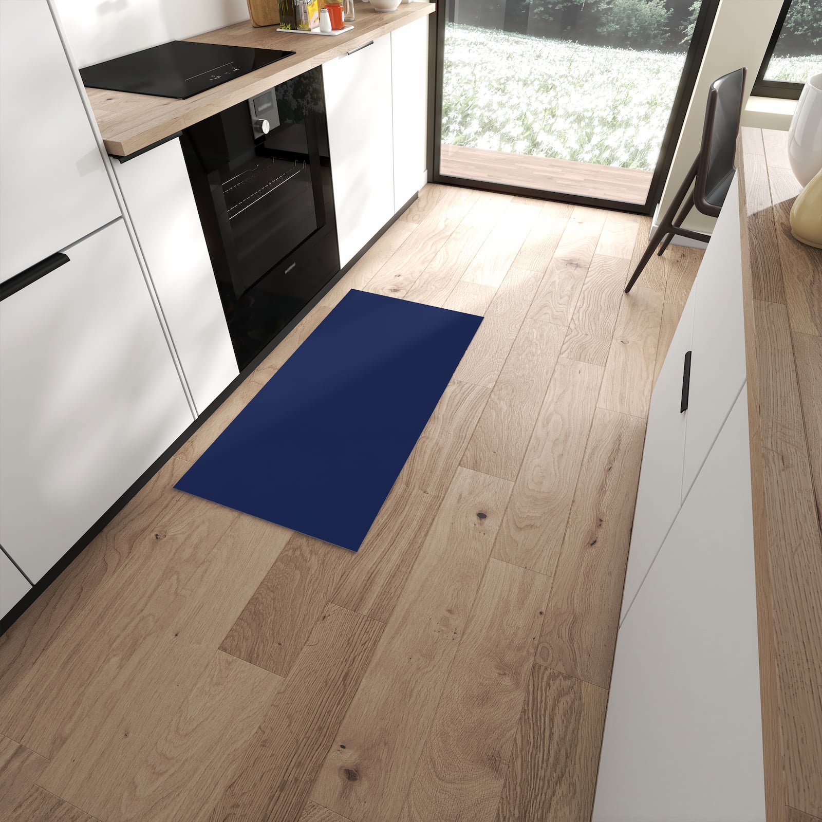 Farbbeständiger dünner Teppich mit Motiv Marineblauer Hintergrund II in moderner Küche #grösse_60 x 120 cm