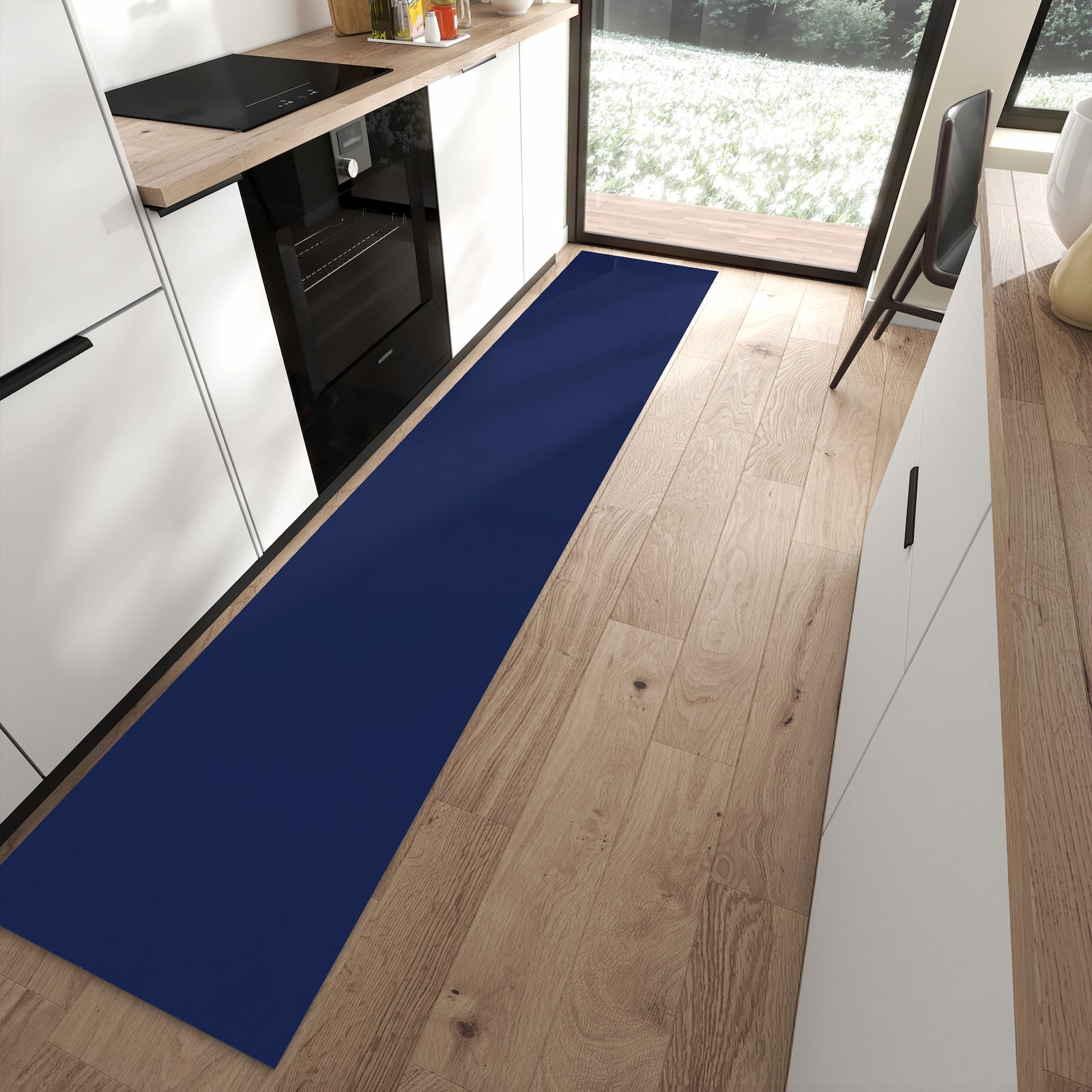 Abriebfester rutschfester Küchenteppich mit Motiv Marineblauer Hintergrund II in moderner Küche