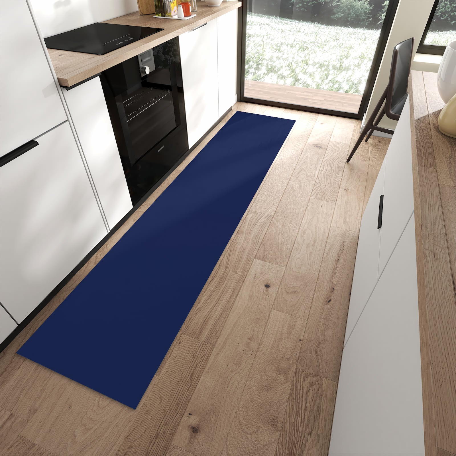 Geräuschdämpfender Teppich für Esstisch mit Motiv Marineblauer Hintergrund II in moderner Küche