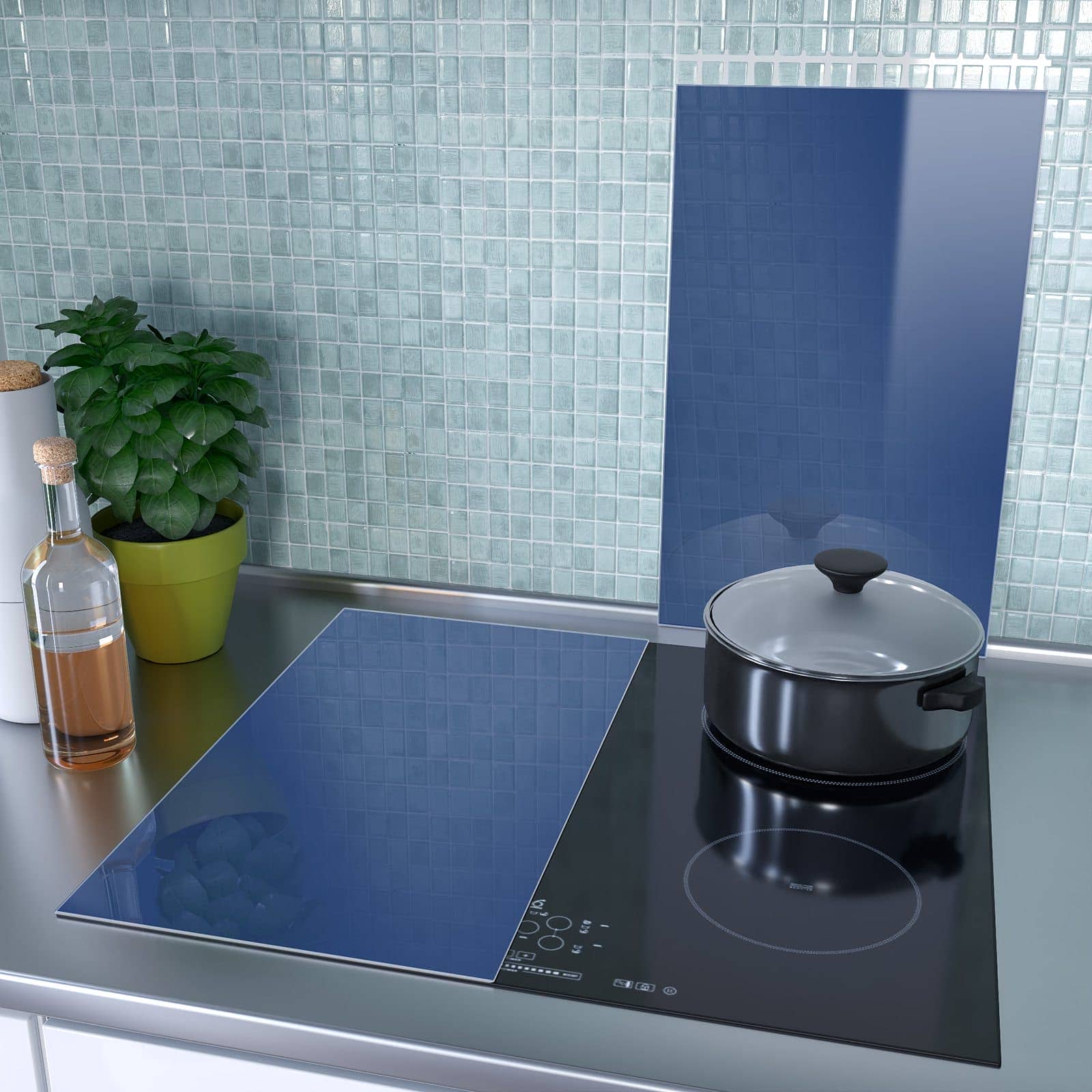 2-teilige Herdabdeckplatte Induktion mit Marineblauer Hintergrund III-Motiv als Spritzschutz hinter dem Kochfeld