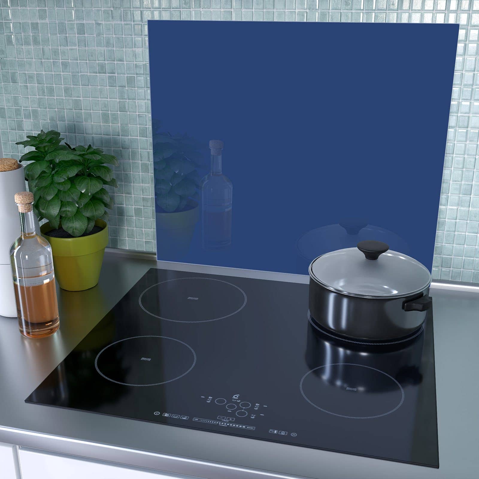 1-teilige Abdeckplatte Ceranfeld mit Marineblauer Hintergrund III-Motiv als Spritzschutz hinter dem Kochfeld