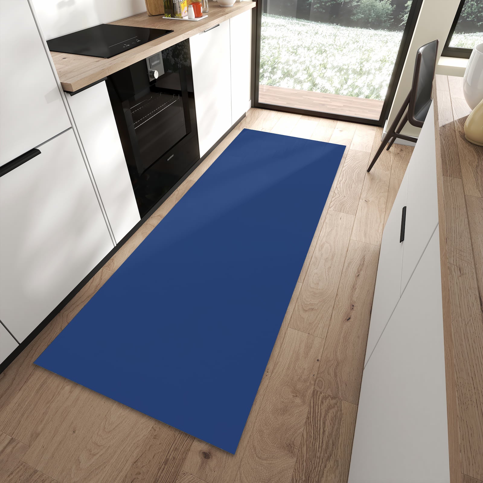 Bodenschonender rutschfester Läufer mit Motiv Marineblauer Hintergrund III in moderner Küche