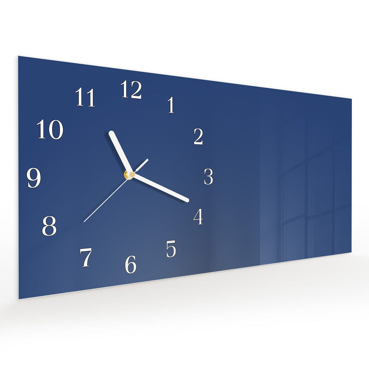 Vormontiert – mit Schwebeeffekt – Wanduhr Marineblauer Hintergrund III aus Glas – Querformat 60 × 30 cm