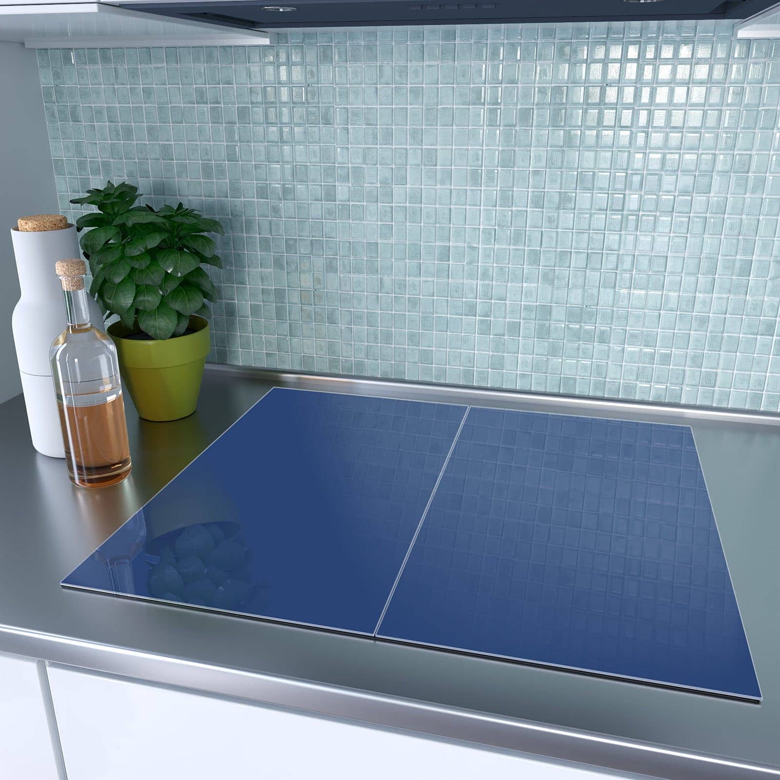 2-teilige Deckplatte aus Glas mit Marineblauer Hintergrund III-Motiv auf dem Ceranfeld