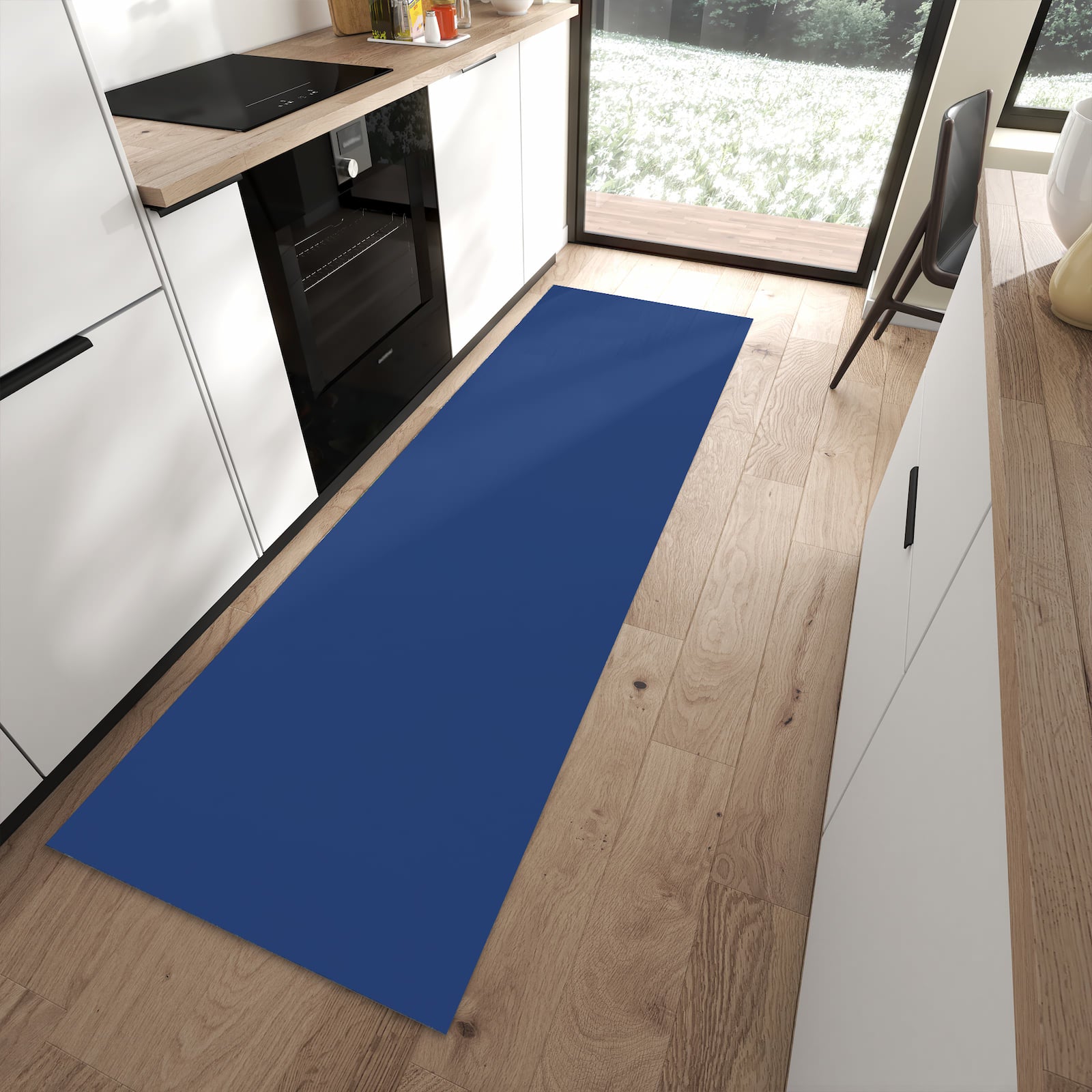 Rutschfester waschbarer Küchenläufer mit Motiv Marineblauer Hintergrund III in moderner Küche