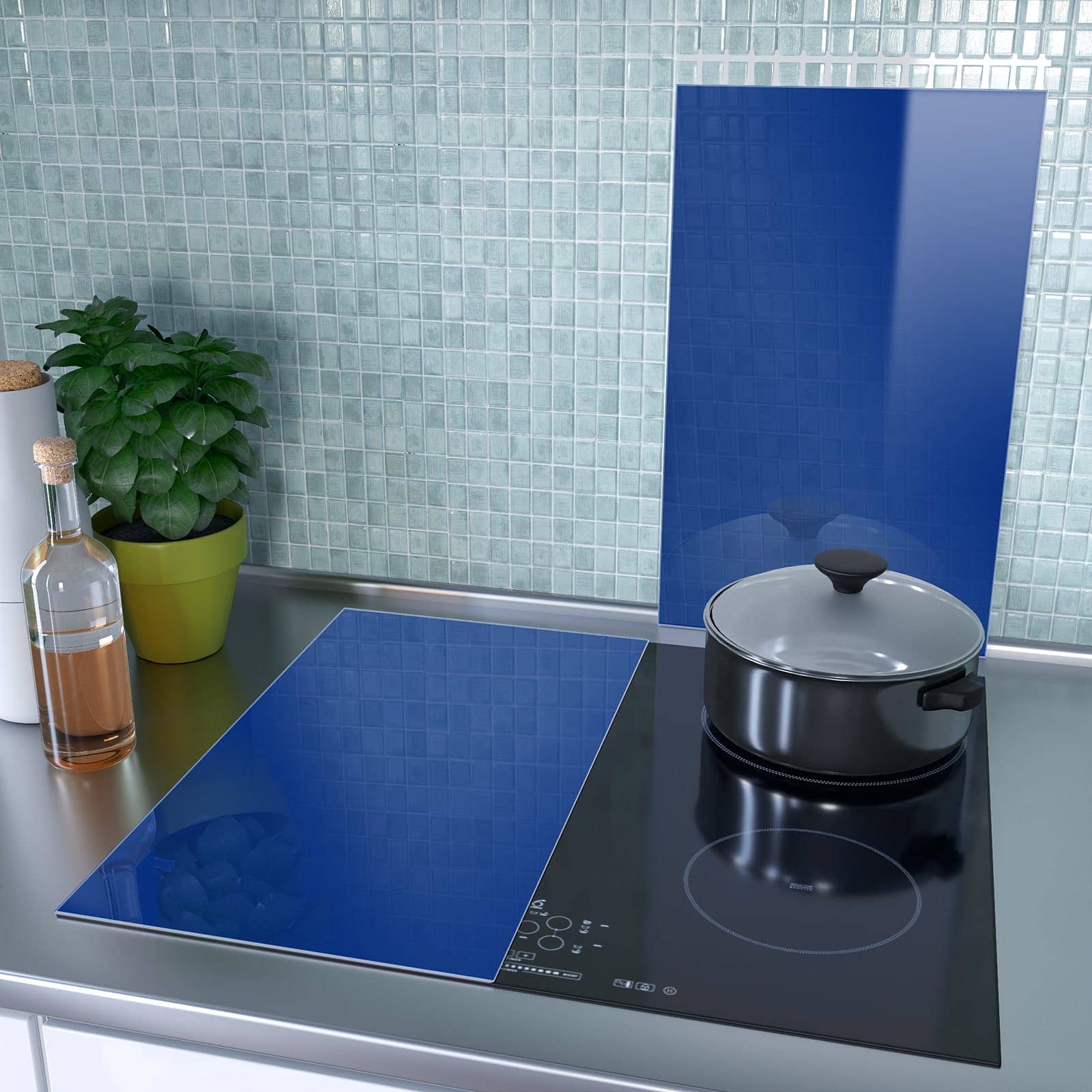2-teilige Ceranfeld Abdeckplatten mit Königsblauer Hintergrund I-Motiv als Spritzschutz hinter dem Kochfeld