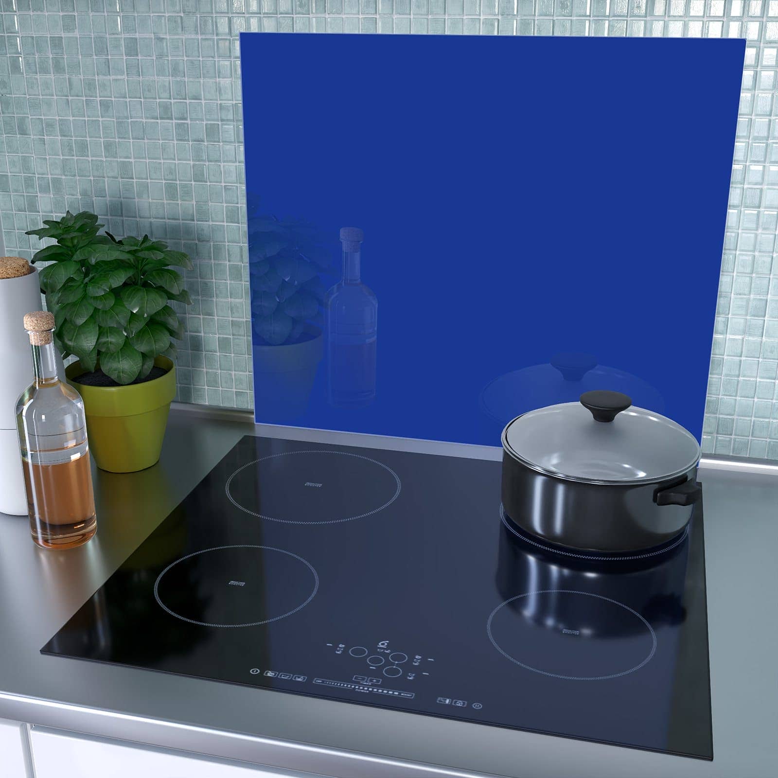 1-teilige Abdeckplatte für Induktionsherd mit Königsblauer Hintergrund II-Motiv als Spritzschutz hinter dem Kochfeld
