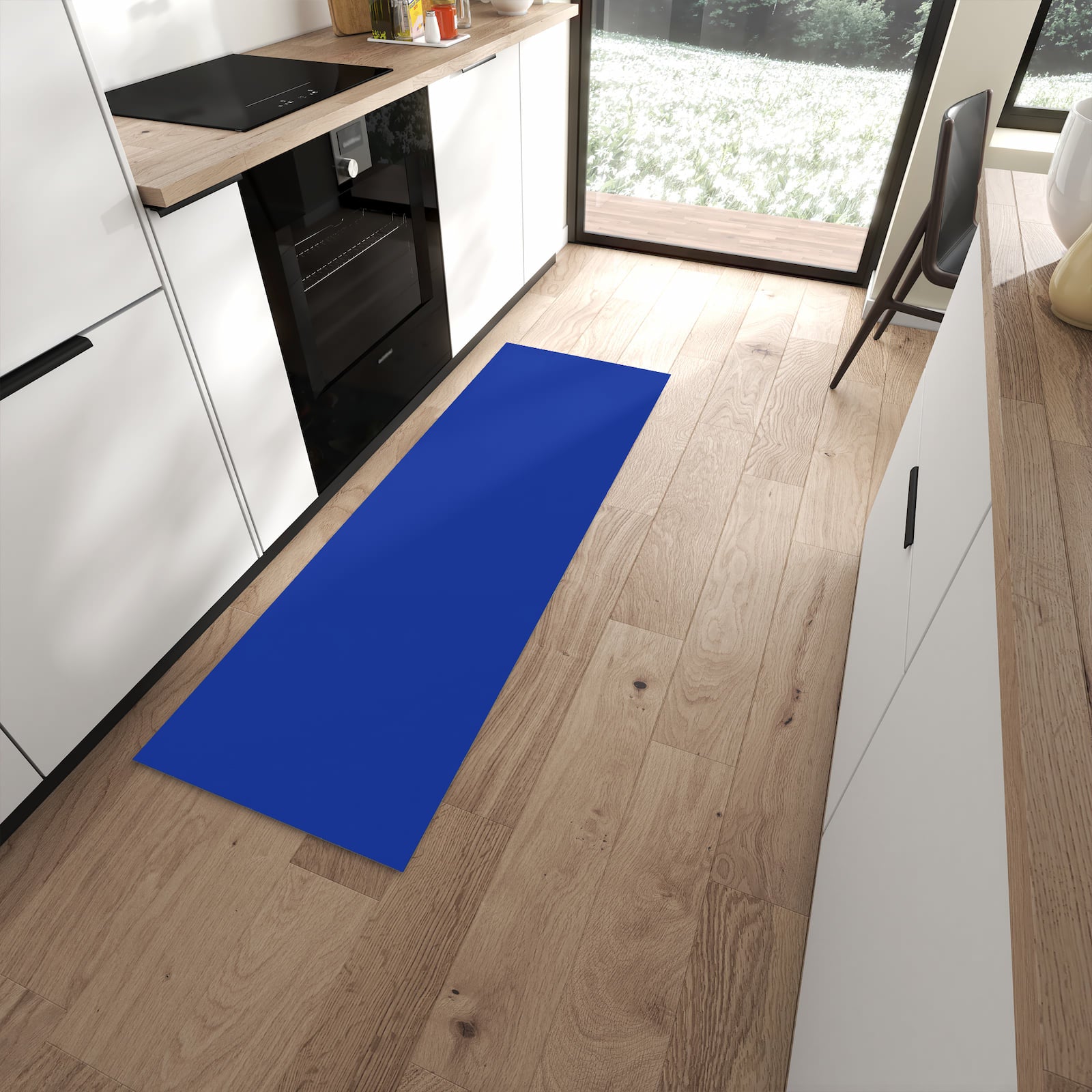 Hygienischer Küchenteppich mit Motiv Königsblauer Hintergrund II in moderner Küche - waschbar