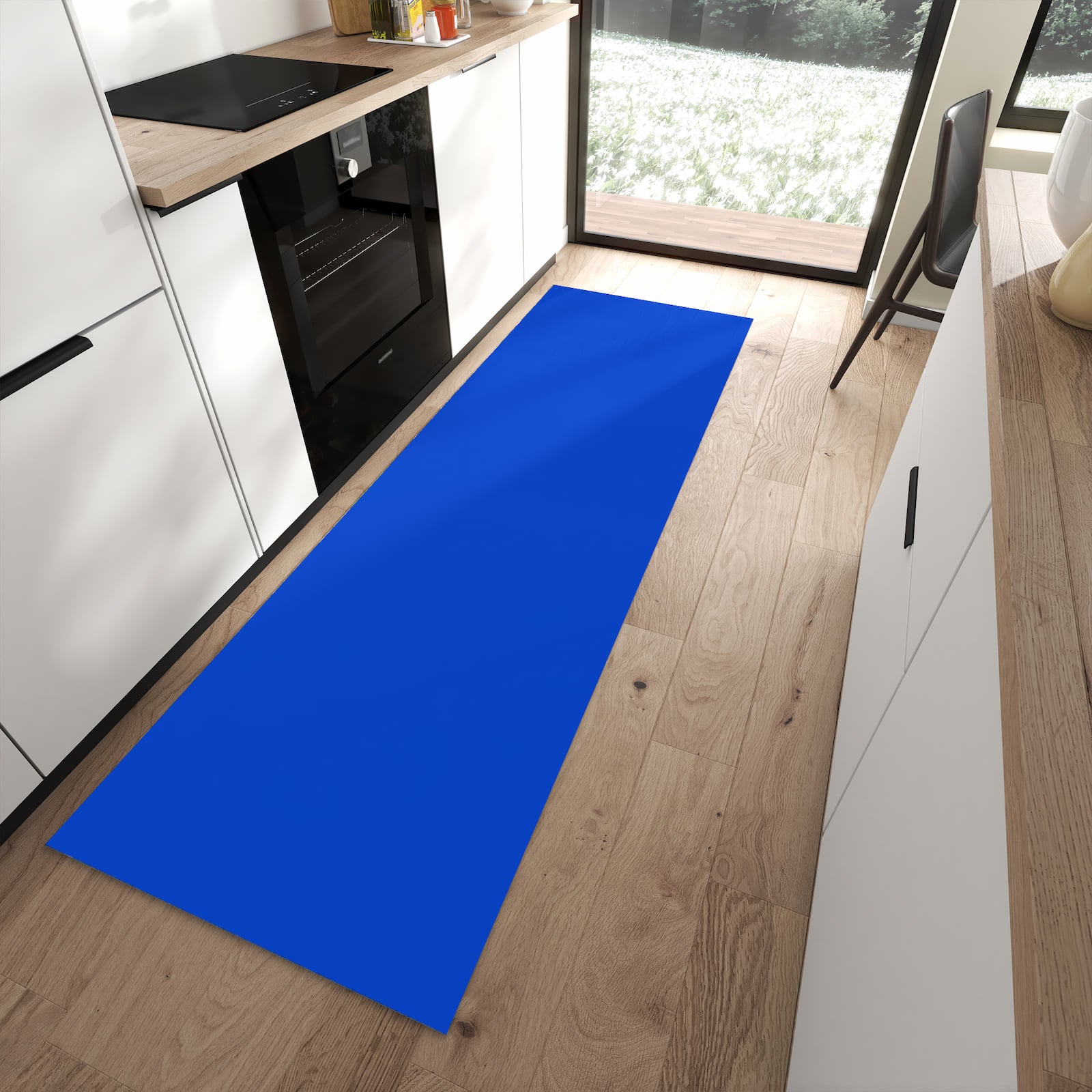 Langlebiger Küchenteppich mit Motiv Königsblauer Hintergrund III in moderner Küche