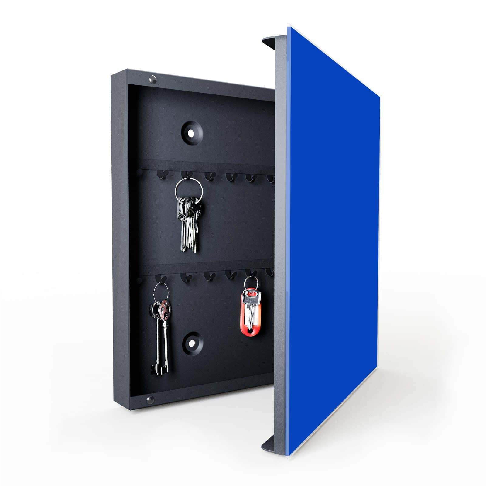 Praktischer Schlüsselschrank mit Motiv Königsblauer Hintergrund III in geöffneter Innenansicht