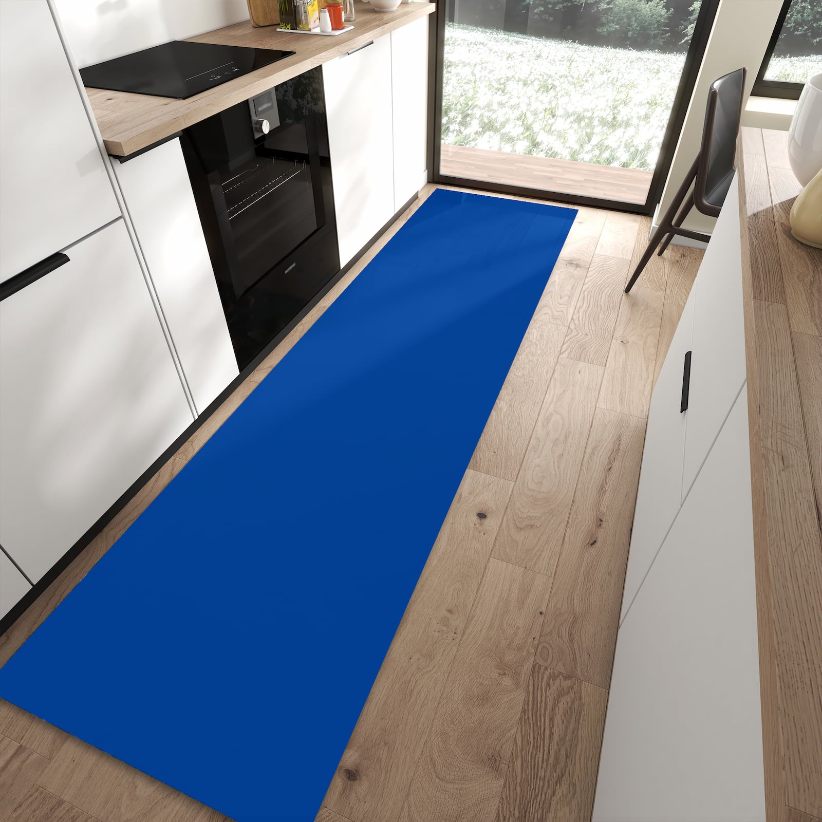 Formstabiler Läufer mit Motiv Dunkelblauer Hintergrund I in moderner Küche für rutschfesten Stand