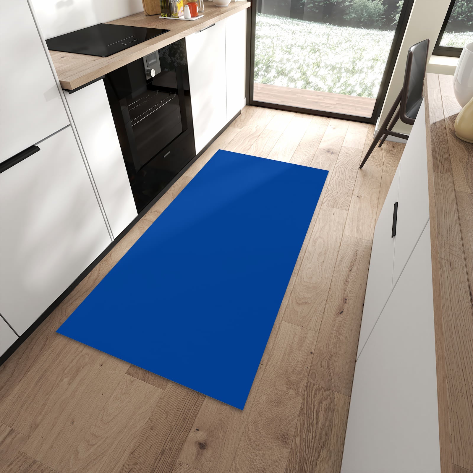 Dünner Küchenteppich mit Motiv Dunkelblauer Hintergrund I in moderner Küche für sicheres Aufbewahren