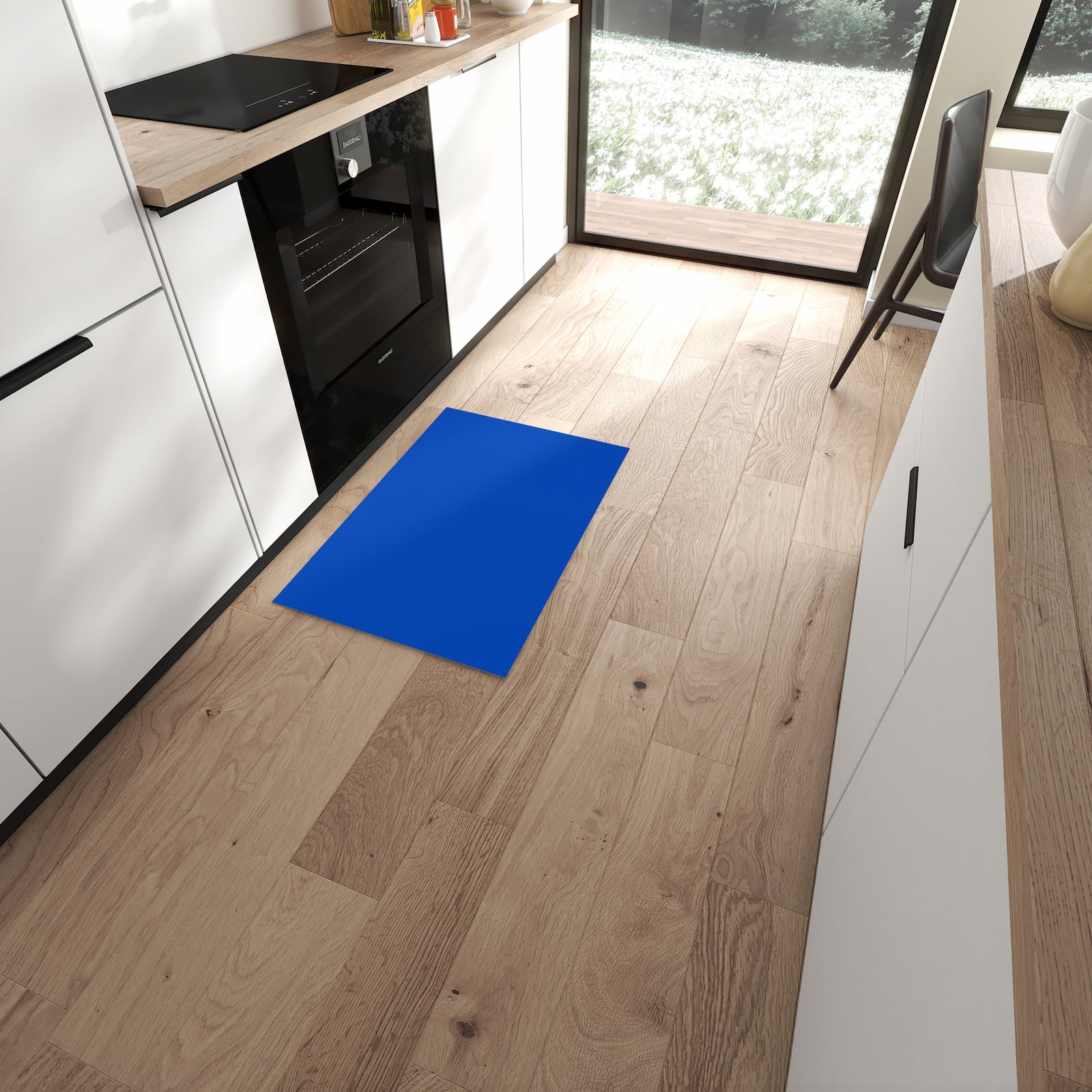 Langlebiger Küchenteppich mit Motiv Dunkelblauer Hintergrund II in moderner Küche