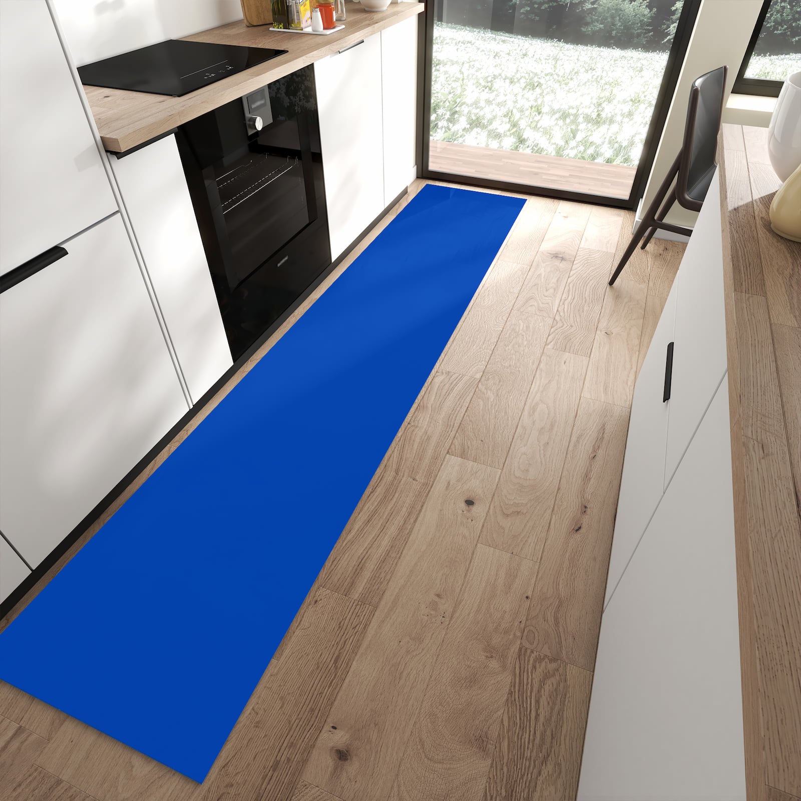 Geruchsneutraler Küchenteppich mit Motiv Dunkelblauer Hintergrund II in moderner Küche