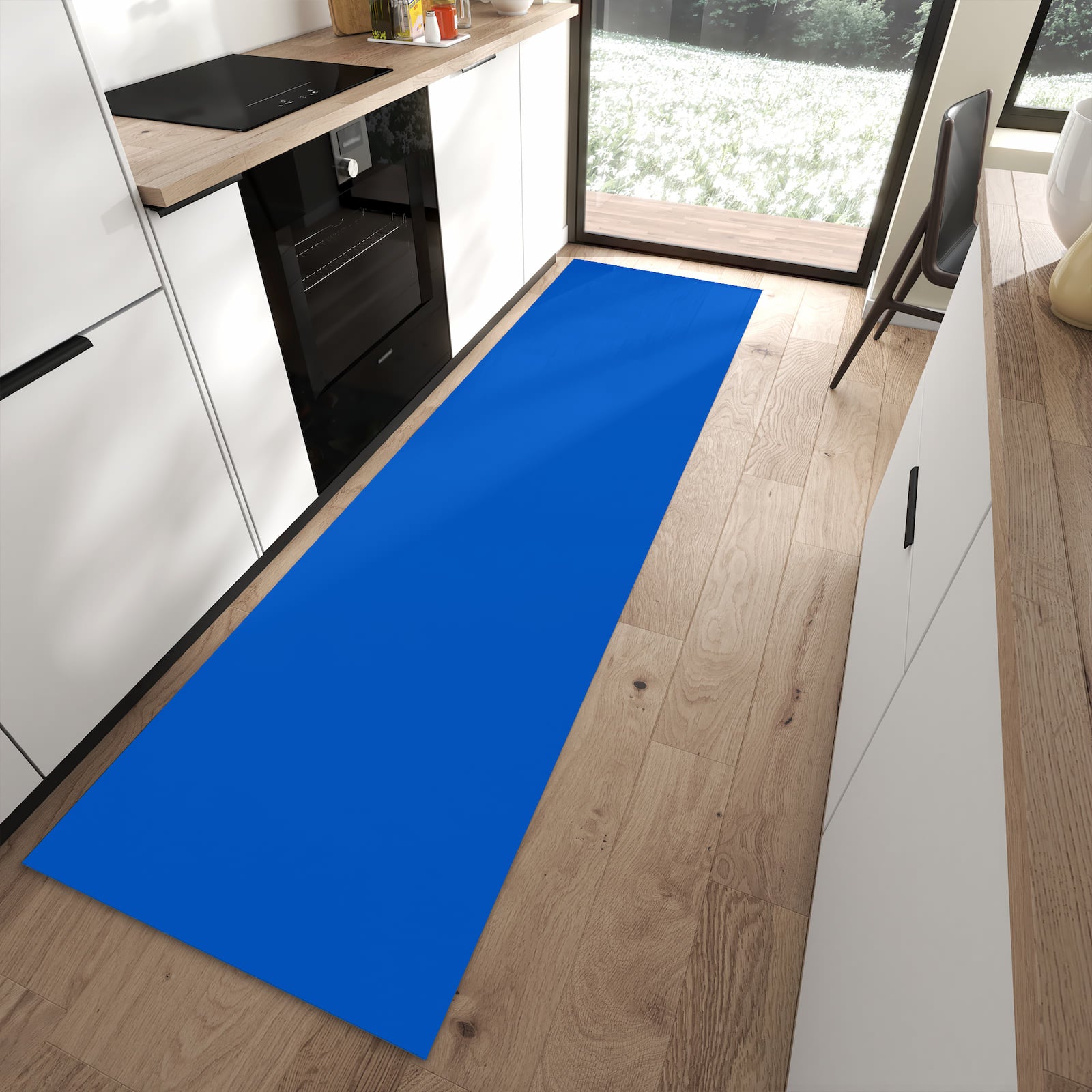 Leicht zu reinigender Küchenteppich mit Motiv Blauer Hintergrund I in moderner Küche