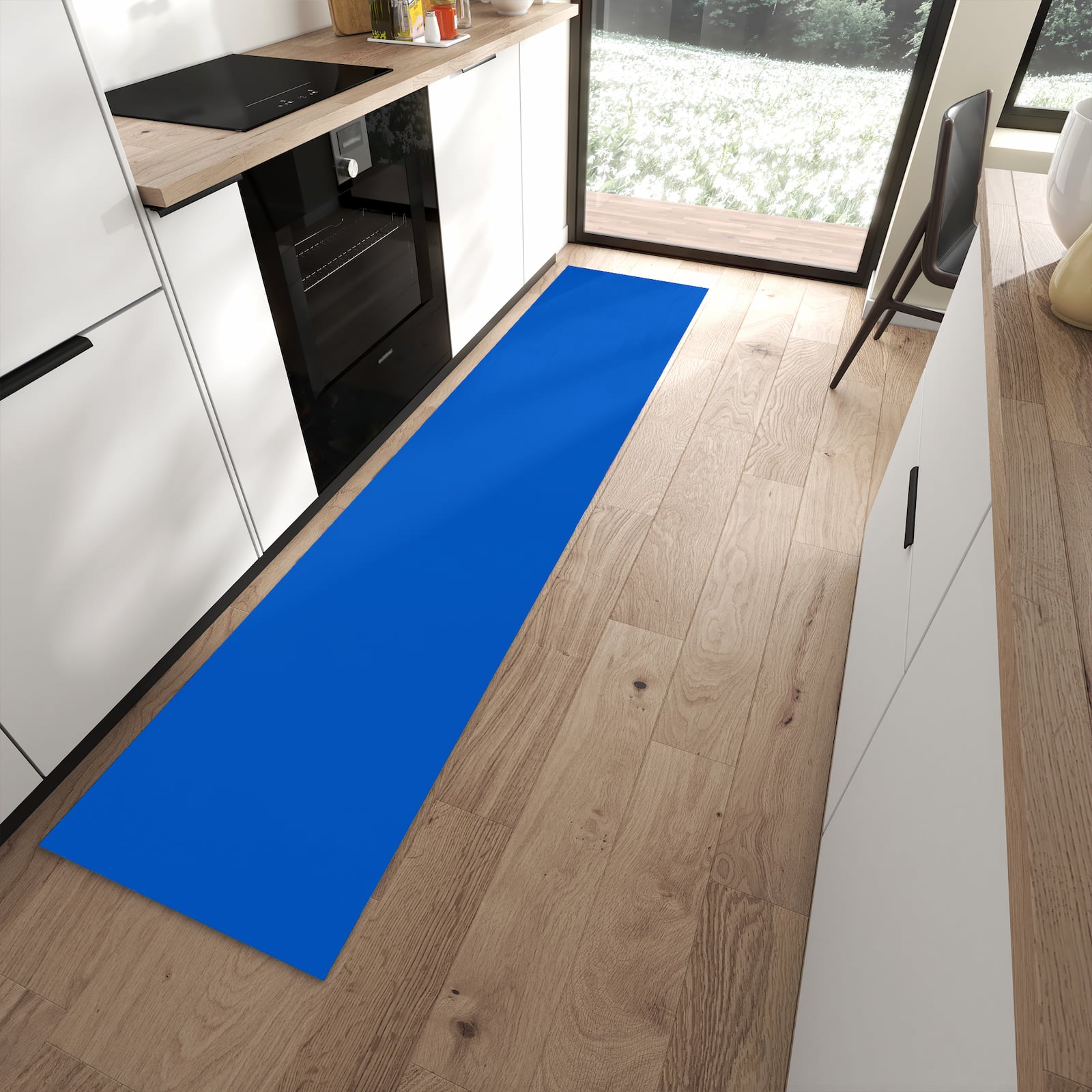 Langlebiger Küchenteppich mit Motiv Blauer Hintergrund I in moderner Küche