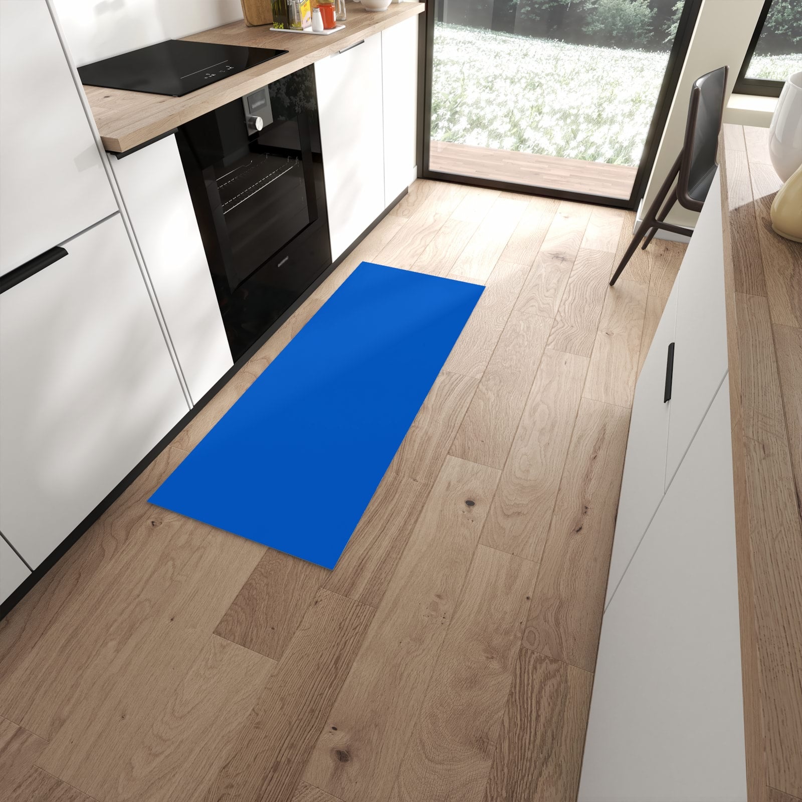 Fleckenresistenter rutschfester Küchenteppich mit Motiv Blauer Hintergrund I in moderner Küche #grösse_60 x 150 cm