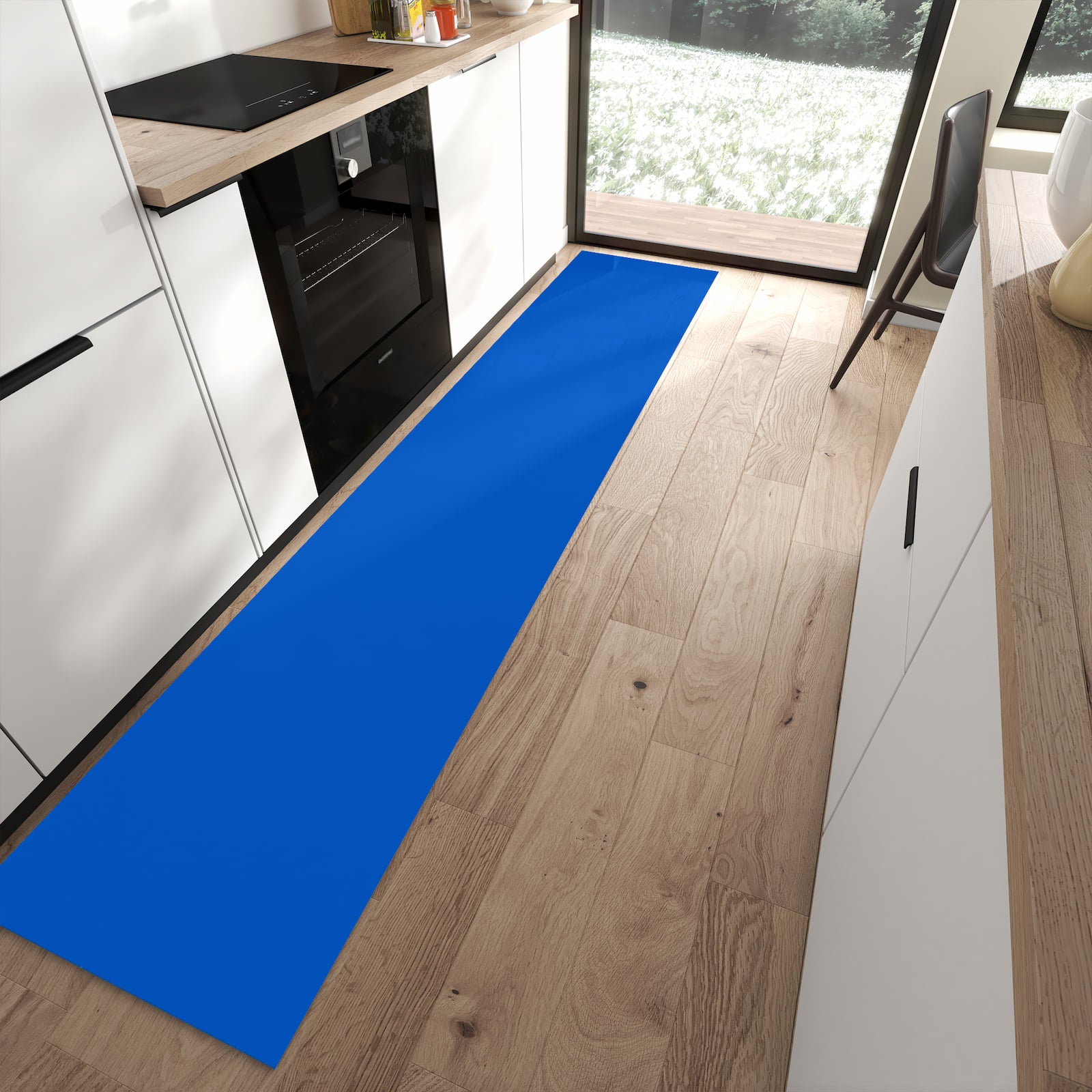 Flacher Küchenteppich mit Motiv Blauer Hintergrund I in moderner Küche - waschbar