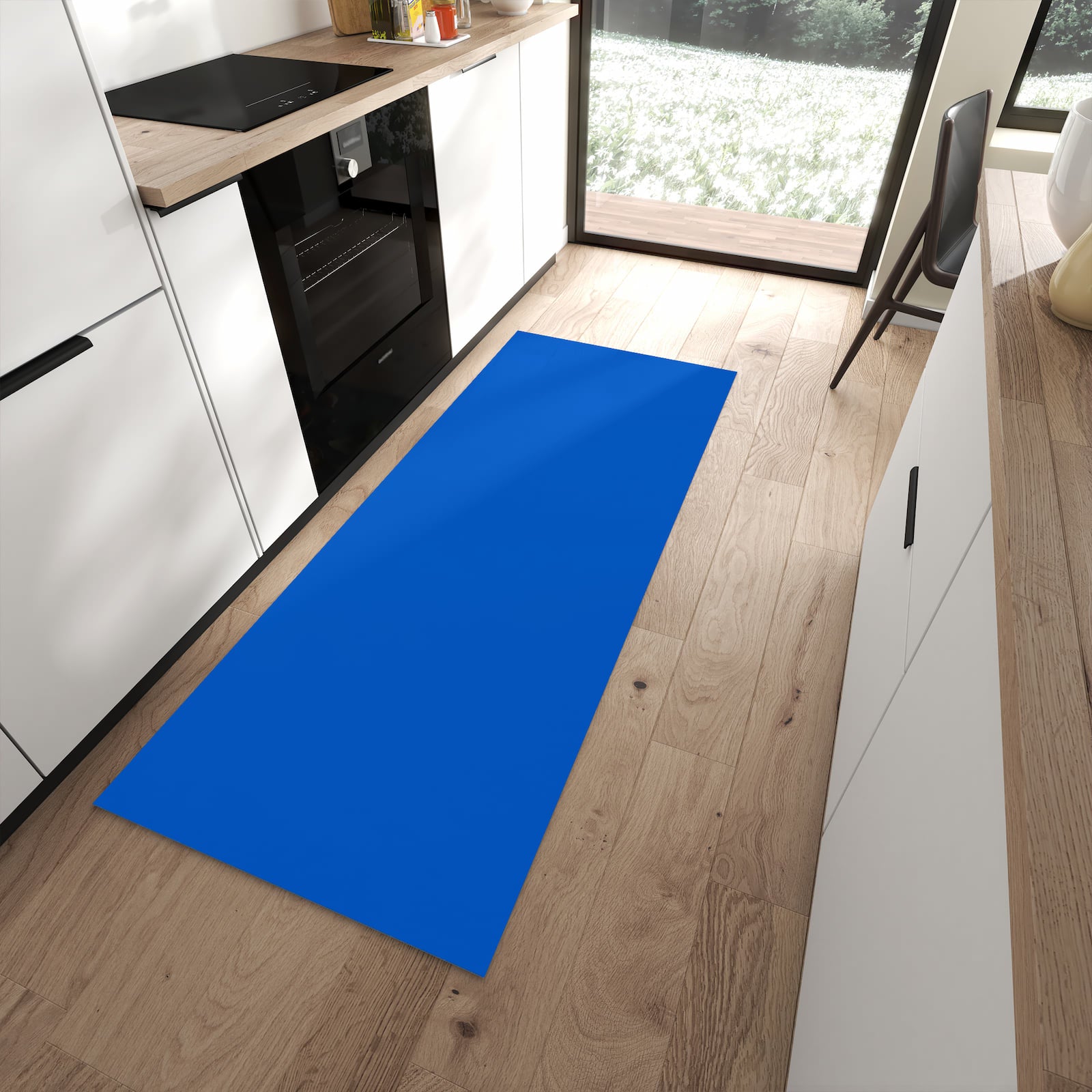 Komfortabler rutschfester Küchenteppich mit Motiv Blauer Hintergrund I in moderner Küche