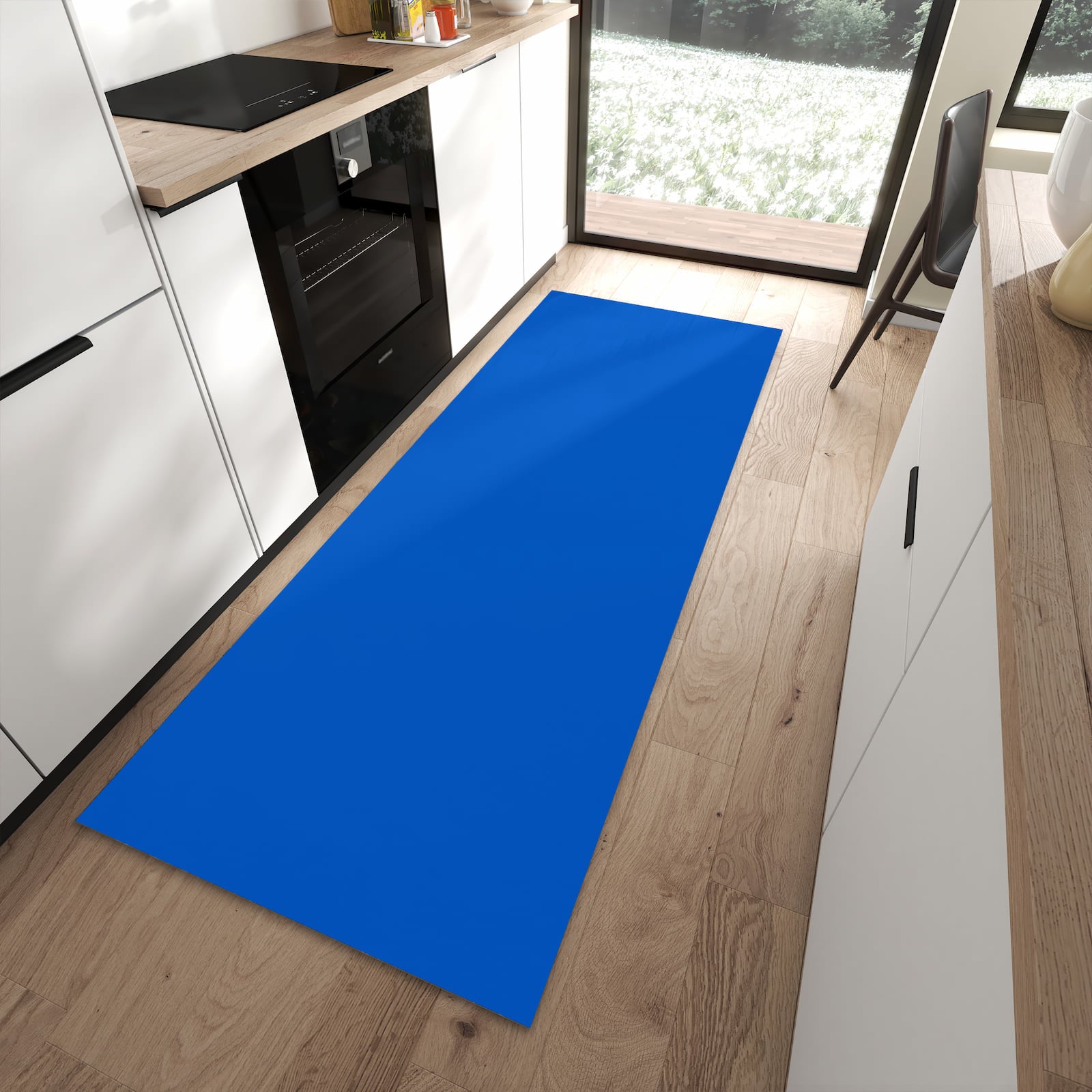 Strapazierfähiger rutschfester Küchenteppich mit Motiv Blauer Hintergrund I in moderner Küche