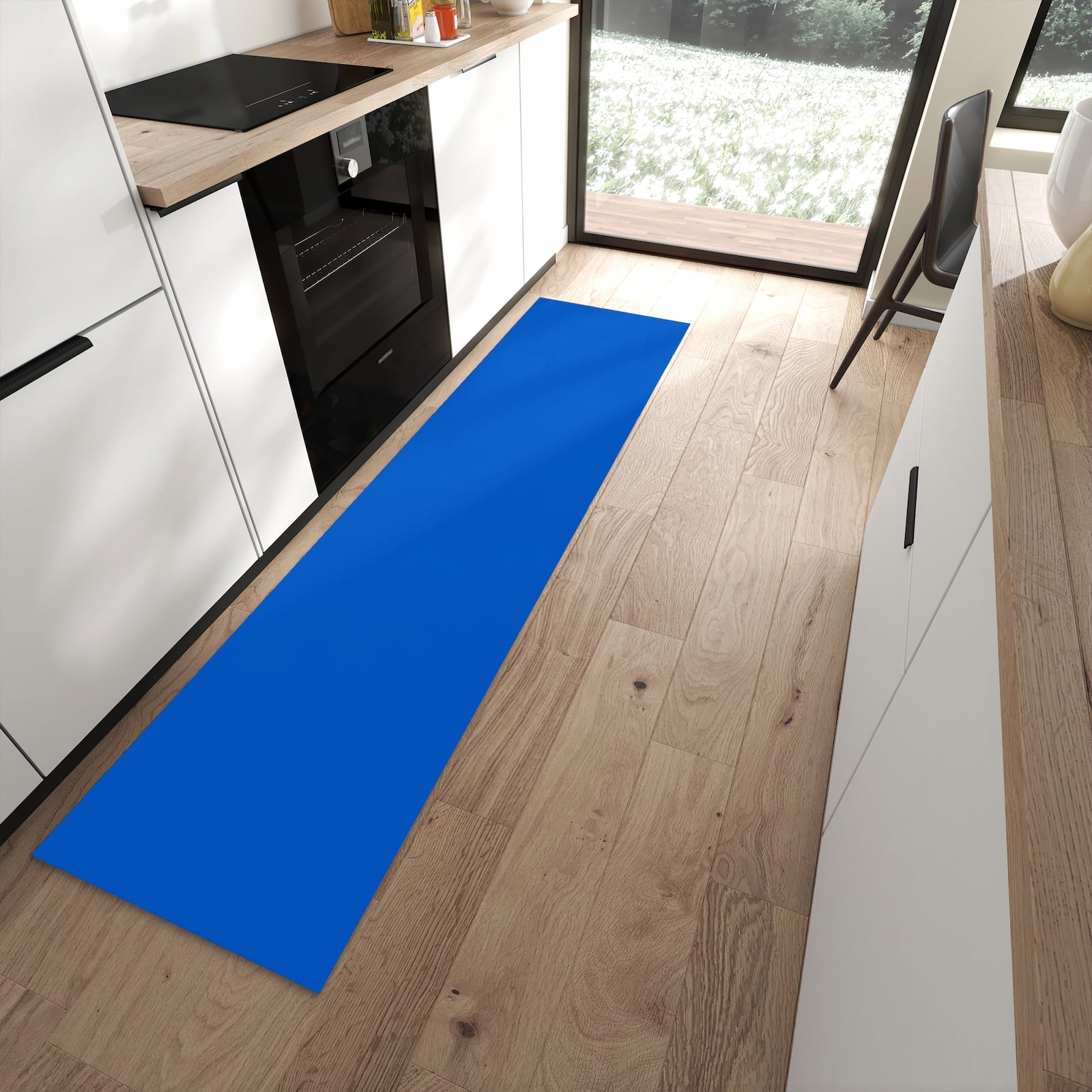 Geruchsneutraler Bodenläufer Teppich mit Motiv Blauer Hintergrund I in moderner Küche