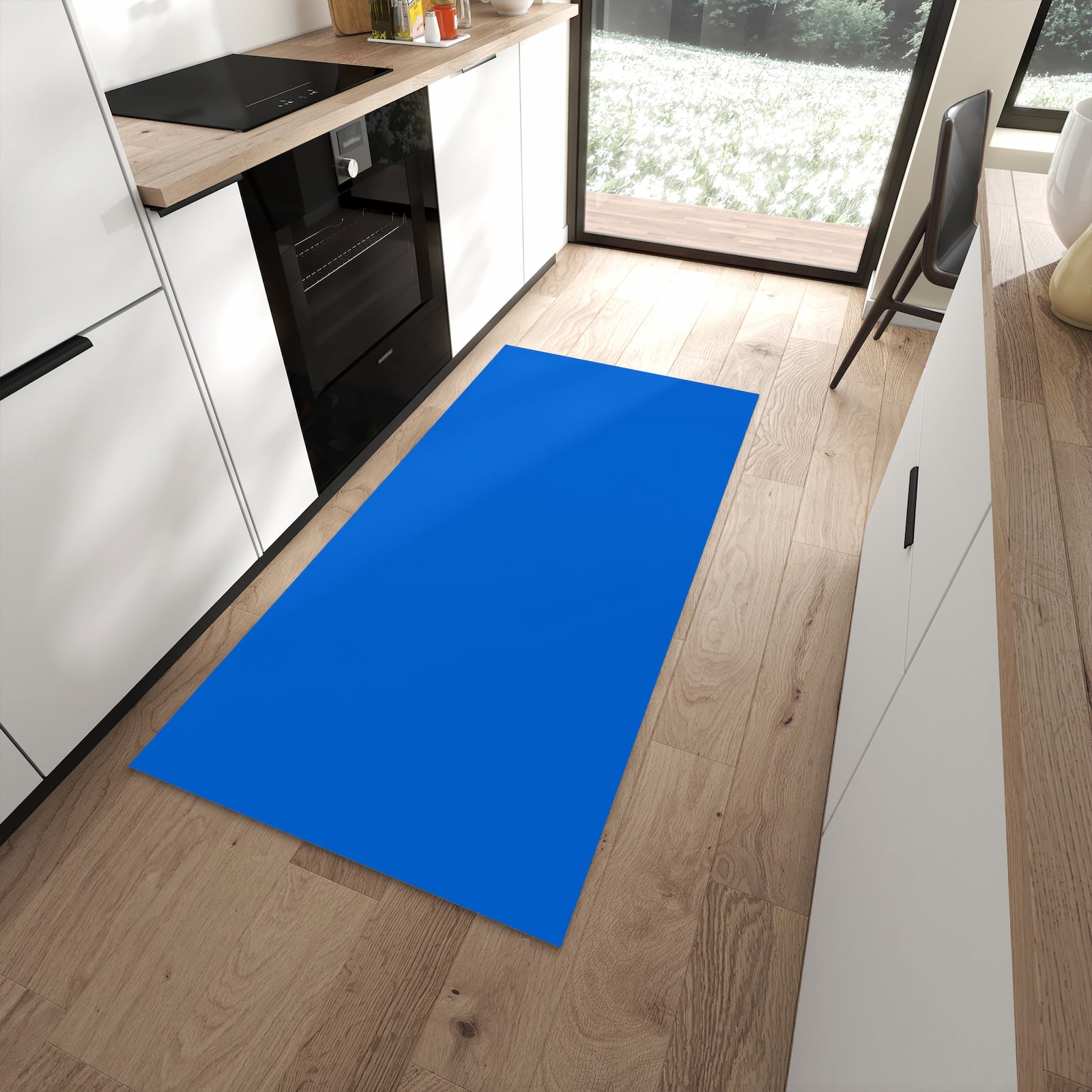 UV-beständiger waschbarer Küchenteppich mit Motiv Blauer Hintergrund II in moderner Küche