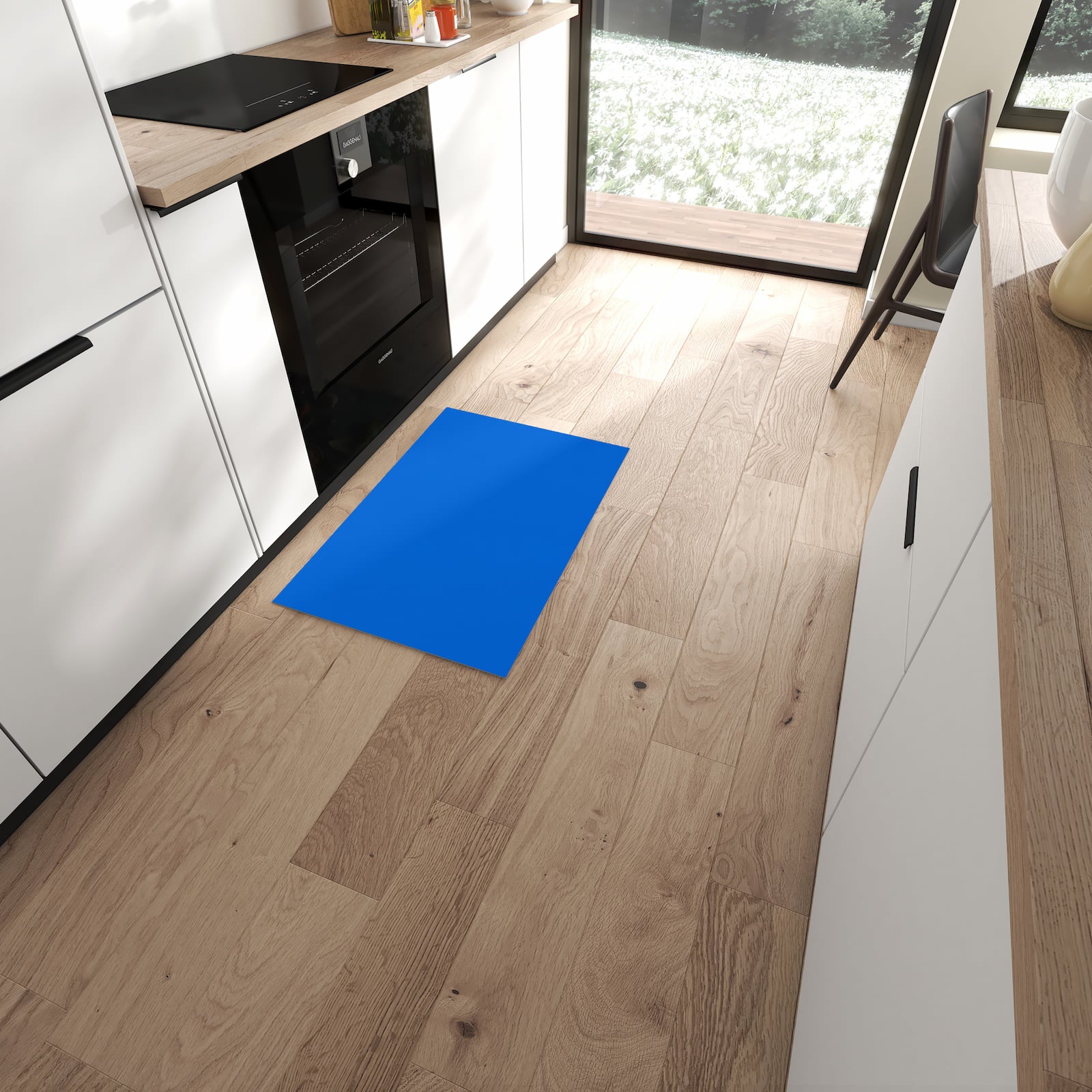 Formstabiler langer Teppich mit Motiv Blauer Hintergrund II in moderner Küche