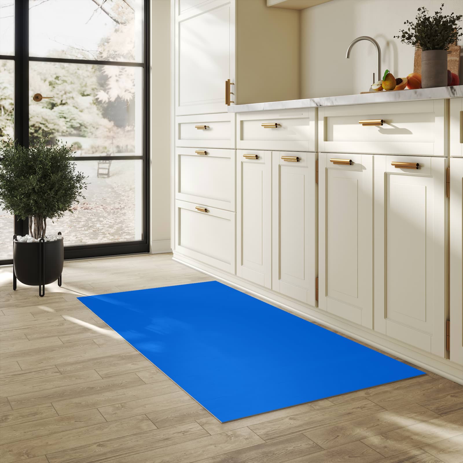 Abriebfester waschbarer Teppich Küche mit Motiv Blauer Hintergrund II in heller Küche