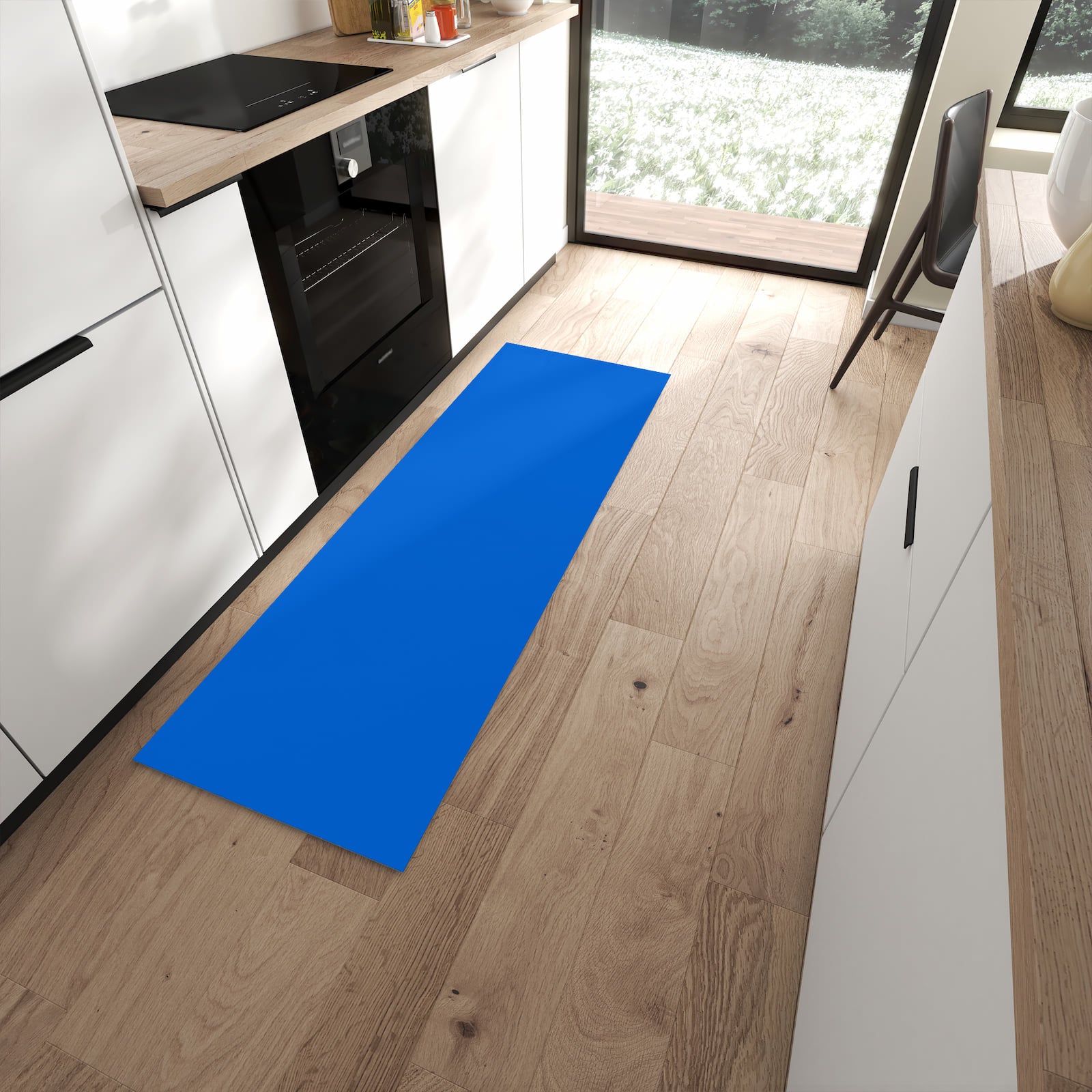 Bodenschonender Küchenteppich mit Motiv Blauer Hintergrund II in moderner Küche