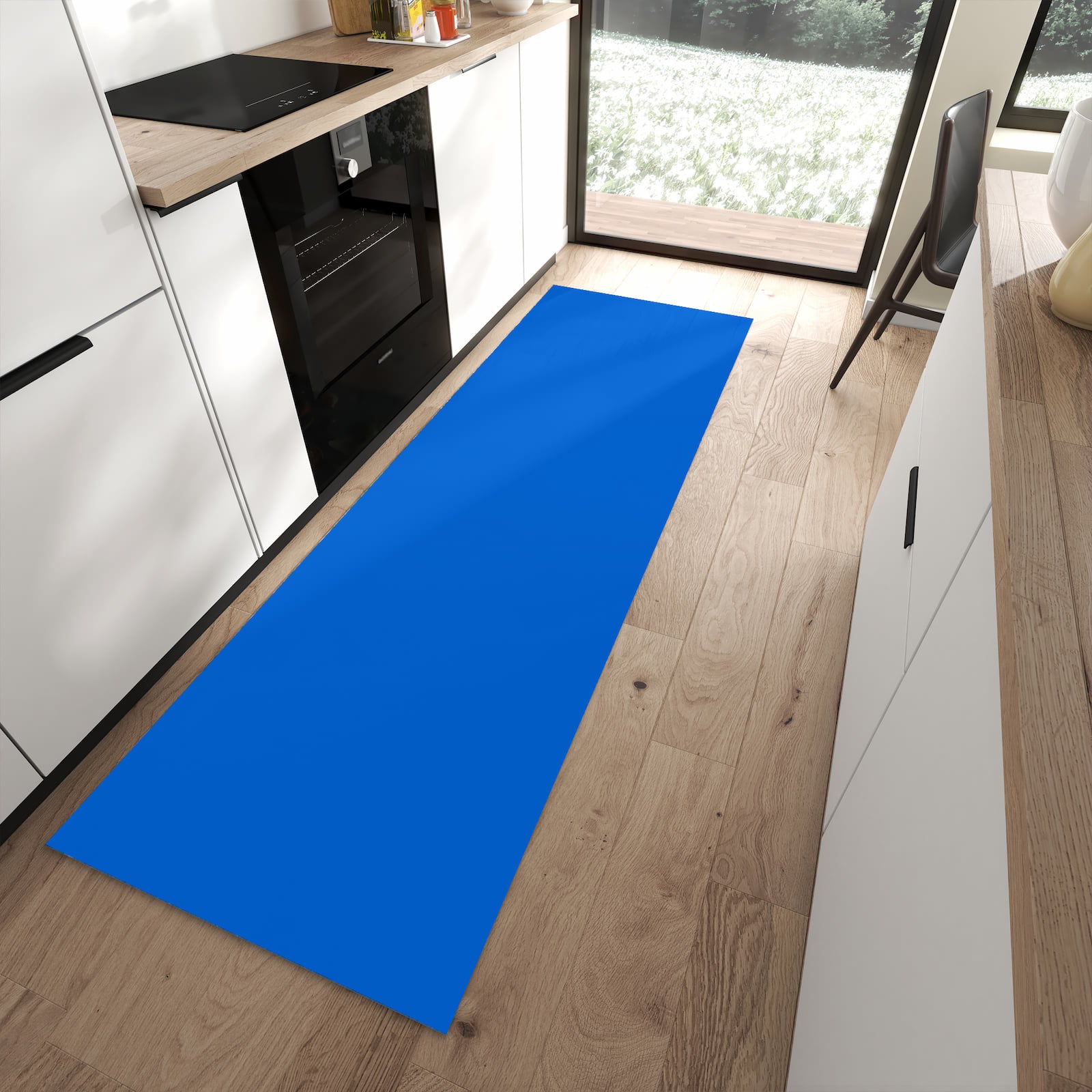 Zeitsparender rutschfester Läufer mit Motiv Blauer Hintergrund II in moderner Küche