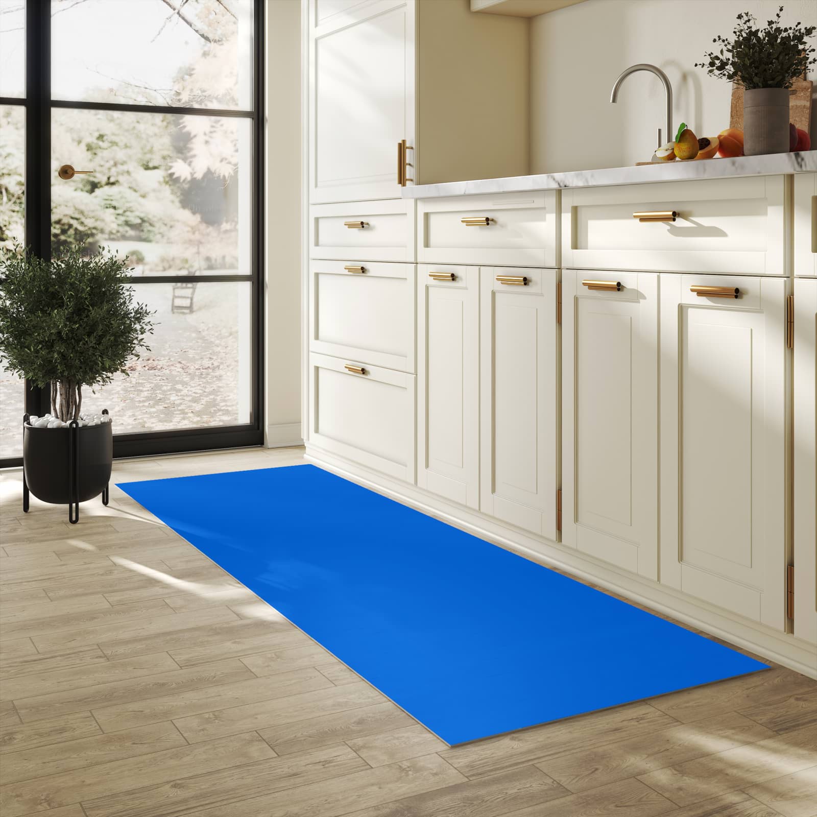 Küchenteppich mit Motiv Blauer Hintergrund II in heller Küche für sicheres Aufbewahren