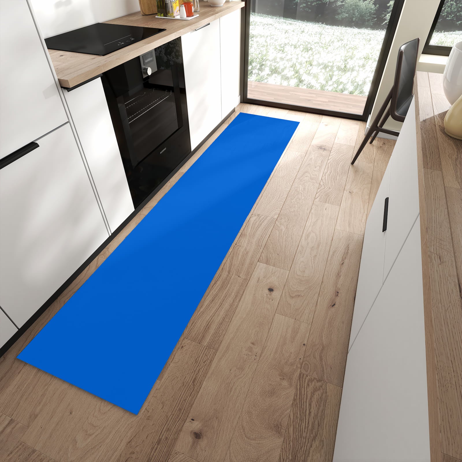 Bodenschonender waschbarer Küchenläufer mit Motiv Blauer Hintergrund II in moderner Küche