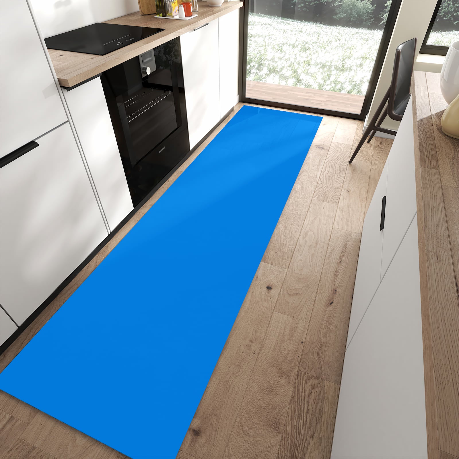 Strapazierfähiger Küchenläufer mit Motiv Hellblauer Hintergrund I in moderner Küche