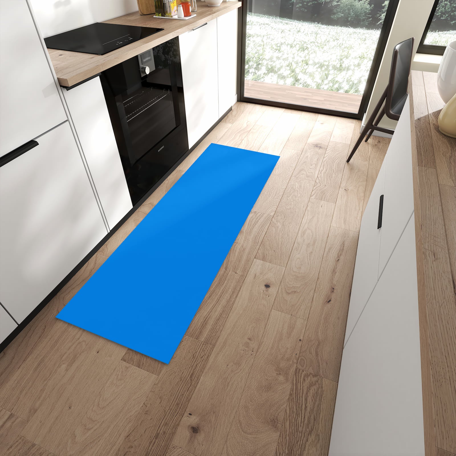 Langlebiger Küchenteppich mit Motiv Hellblauer Hintergrund I in moderner Küche