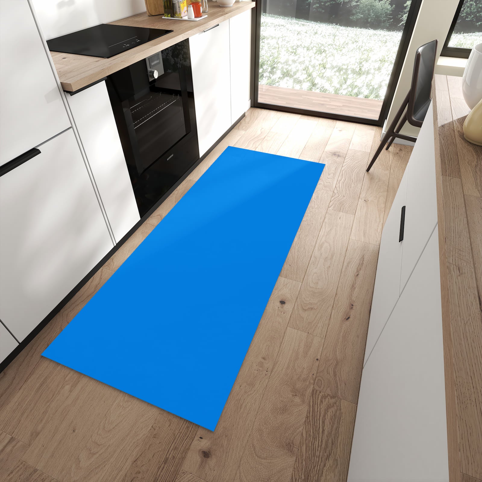 Pflegeleichter Küchenteppich mit Motiv Hellblauer Hintergrund I in moderner Küche