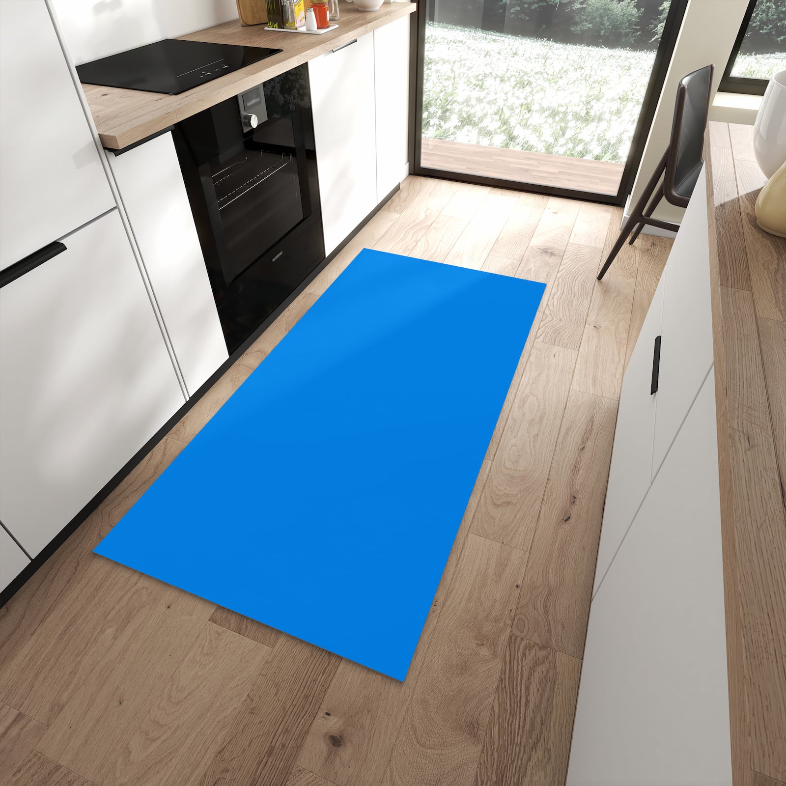 Waschbarer Küchenteppich mit Motiv Hellblauer Hintergrund I in moderner Küche