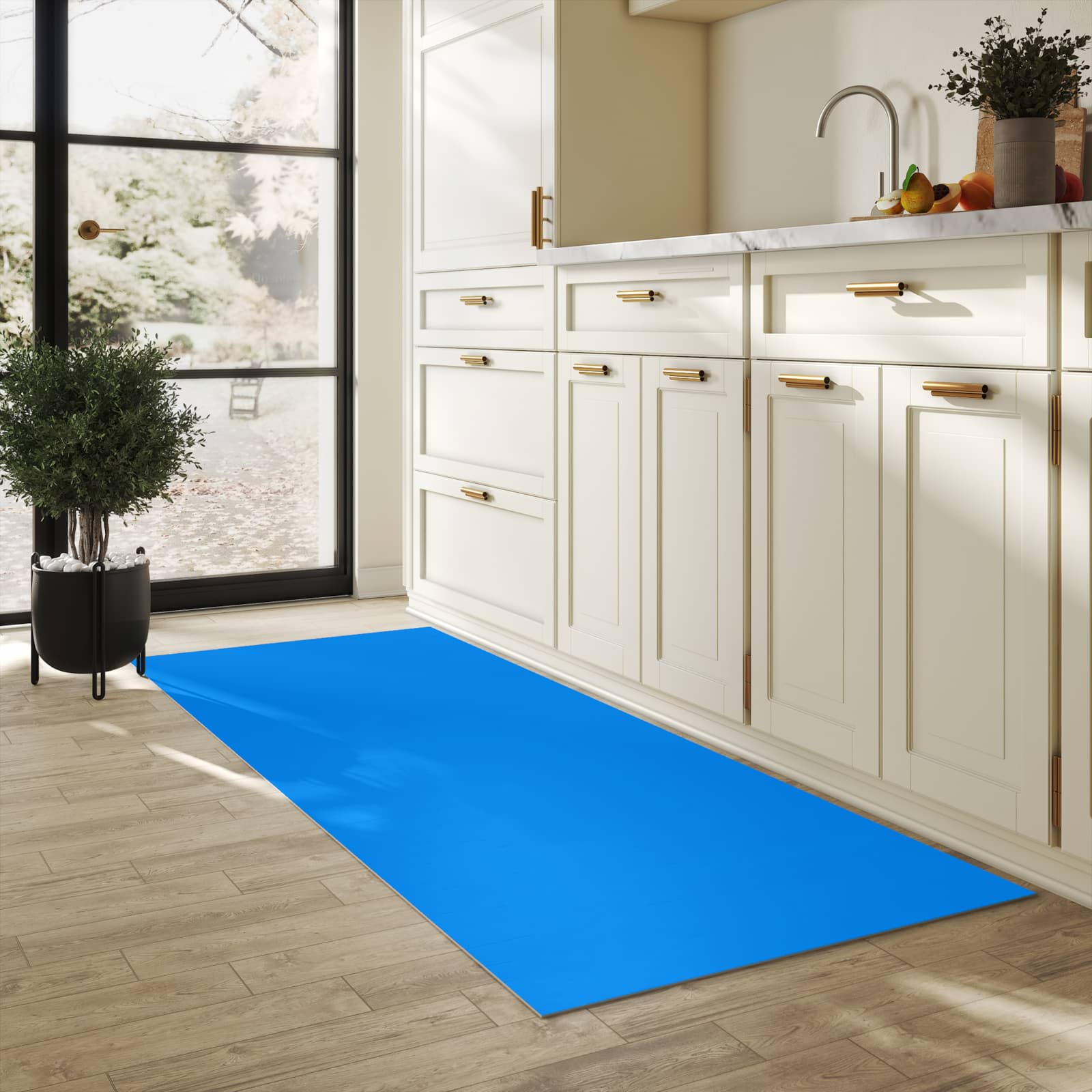 Waschbarer Küchenteppich mit Motiv Hellblauer Hintergrund I in heller Küche