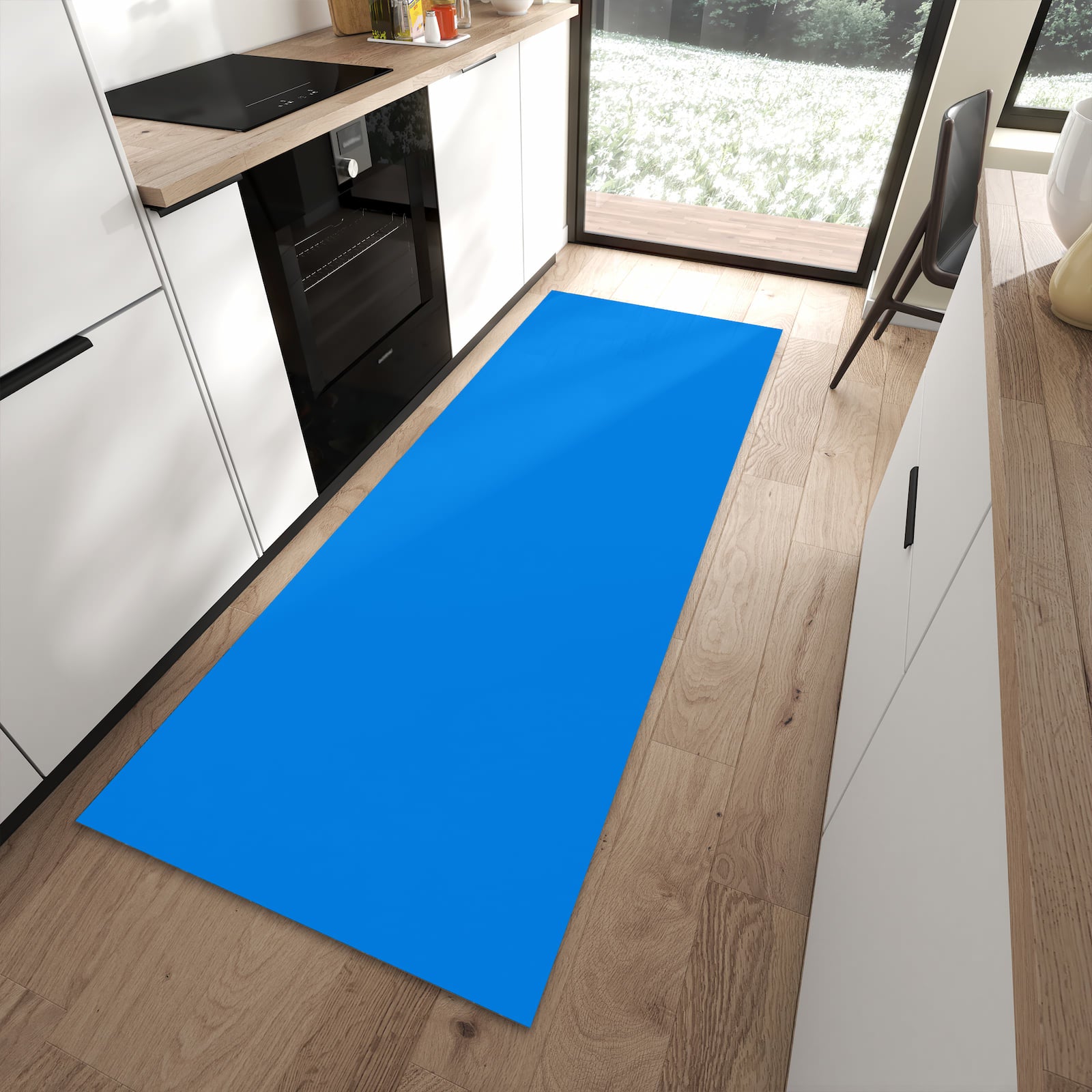 Langlebiger Küchenvorleger mit Motiv Hellblauer Hintergrund I in moderner Küche