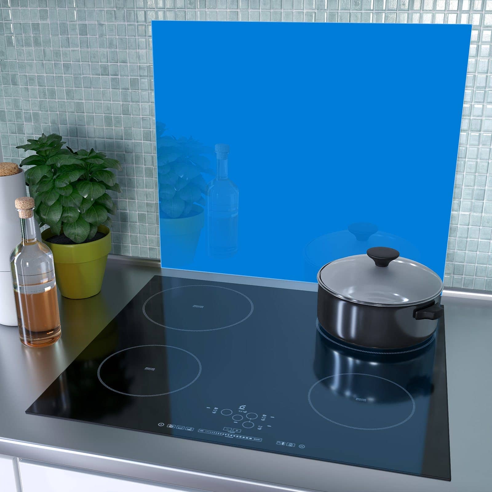 1-teilige Ceranfeld Abdeckungen mit Hellblauer Hintergrund I-Motiv als Spritzschutz hinter dem Kochfeld